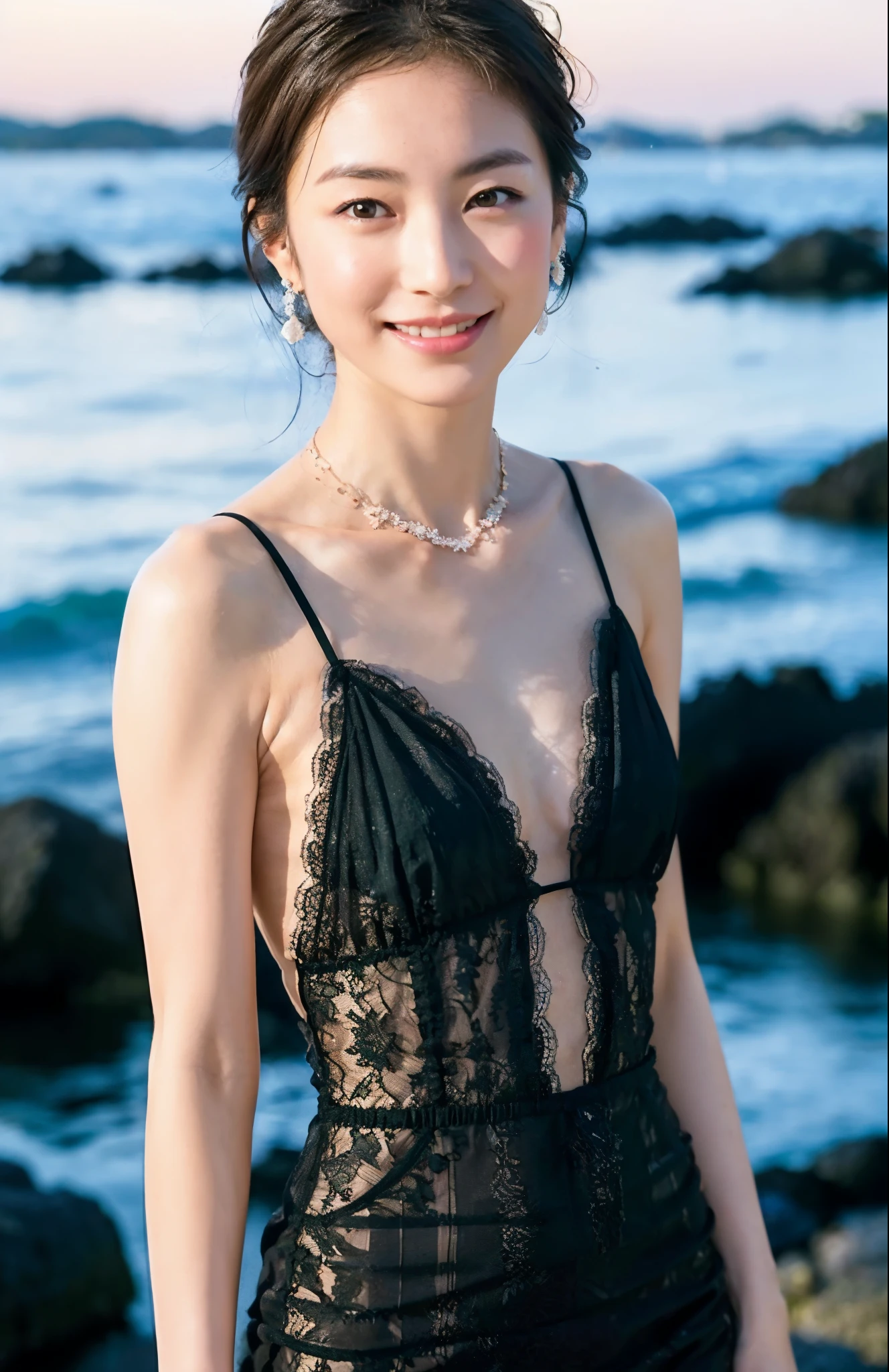 Turbulent posture, (very delicate and beautiful work), (masterpiece), 1girl, cute Japan girl in black evening dress, beautiful sea background, upper body to thighs, embarrassed, smile, lace, high definition, ridiculous, charming expression, chin raised, cheek blush, kissing face, beautiful clear eyes, green eyes, delicate necklace, delicate earrings, full body, various poses, simple background blurFine depiction, beautiful, attractive, ultra-fine painting, delicate face, delicate figure, thin collarbone, nice lips, beauty big, soft back, mix4, (8k, RAW photo, best quality), masterpiece: 1.2), (realistic, photorealistic: 1.37), one girl, cute, professional lighting, photon mapping, radiosity, physically based rendering