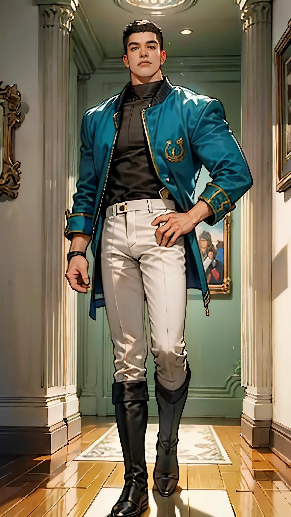 In the backdrop of an ancient fantasy-reality setting, a youth sporting a platinum crew cut displays a piercing gaze and confident demeanor. Adorned in a two-piece fusion outfit, seamlessly blending Western and Eastern influences, he wears a snug dark top paired with a vibrant yellow-blue short jacket. The lower half features loose white utility pants, and his sturdy long boots echo through the corridors of an antiquated architectural landscape. The overall aesthetic captures the essence of a refined and mature anime-inspired  rogue, symmetrical face, extremely detailed eyes and face, high quality eyes, high definition, highres, ultra-fine painting, exquisite and mature, extremely delicate, professional, anatomically correct, creativity, UHD, HDR, 32k, Natural light, cinematic lighting, best shadow, masterpiece-anatomy-perfect, best quality, masterpiece, ultra-detailed