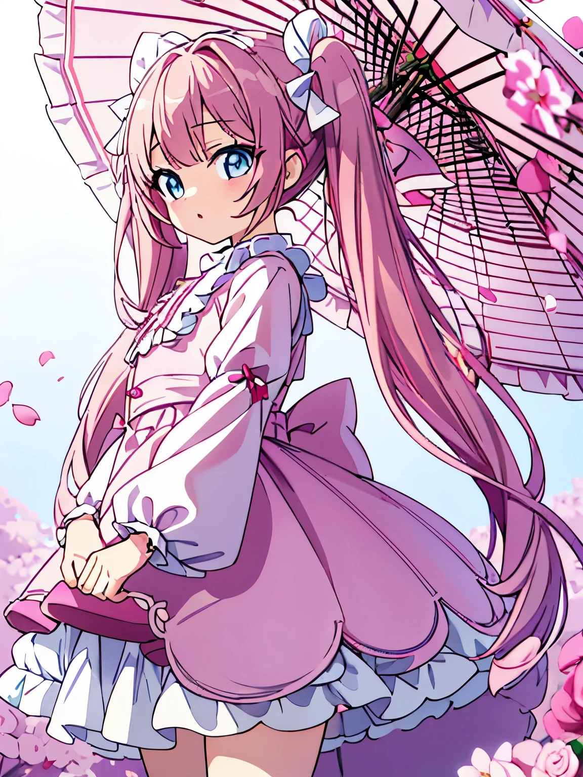 pink hair、Rabbitの女の子、twin tails、ta服、白いlolita服、loliabbit、White Rose、white background、whole body、Standing picture、White umbrella、moe
