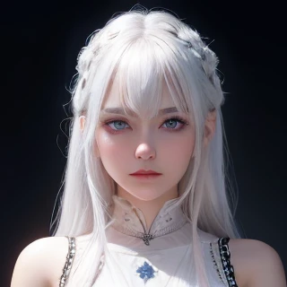 1 girl, starry eyes, blush, perfect lighting, white hair, blue eyes, Unreal Engine, side light, Detailed face, Bangs,long hair, bright skin, simple background, dark background