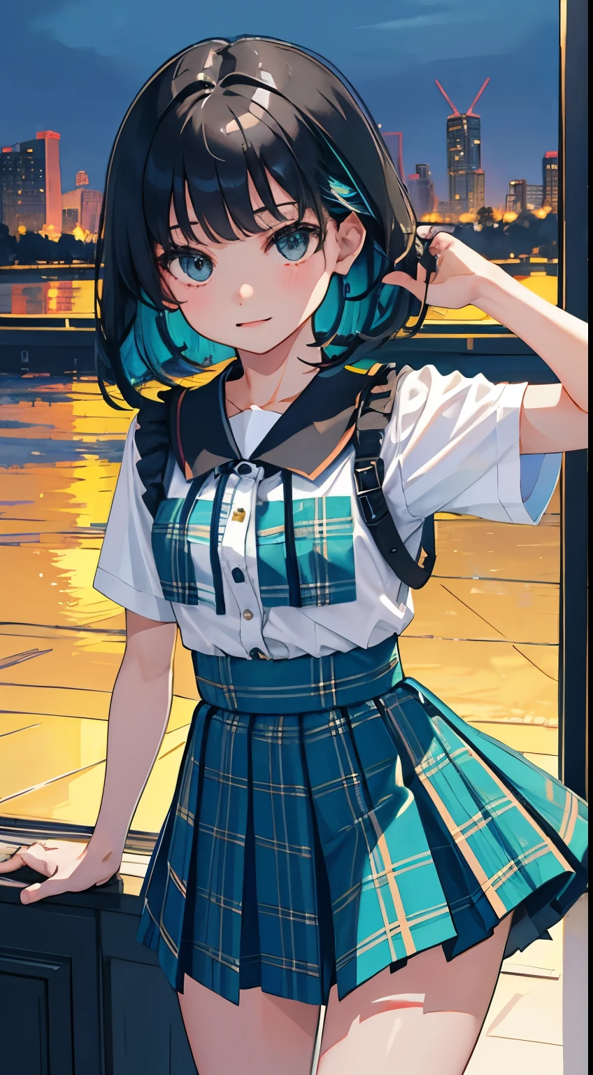 (child),(masterpiece,Top quality),Blue-green plaid pleated mini skirt,short sleeve,black hair,Summer Classroom,night,night景