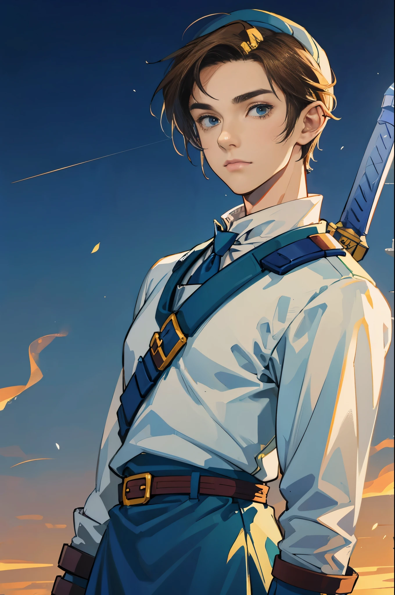 A 18-year-old teenage boy, a boy swordsman,height 1.7m, weight 70kg, light skin tone, without a beard, without a goatee, no facial hair, no body hair, brown hair color, straight hair, pointed ears, medieval knight's silver armor, blue clothes,link,uniform,muscular,warrior,soldier,fantasy