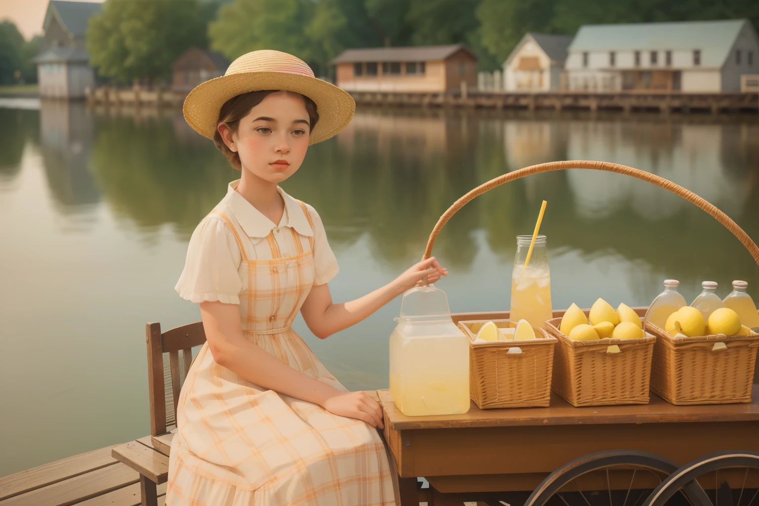 1900s American Riverside Lemonade Stand (Location: Mississippi River)
Character: A freckled tween girl with a straw hat, selling lemonade by the Mississippi River in the early 1900s. Her dress, adorned with checkered patterns, reflects the simplicity of the era. Wes Anderson's riverside palette bathes the scene in nostalgic hues.