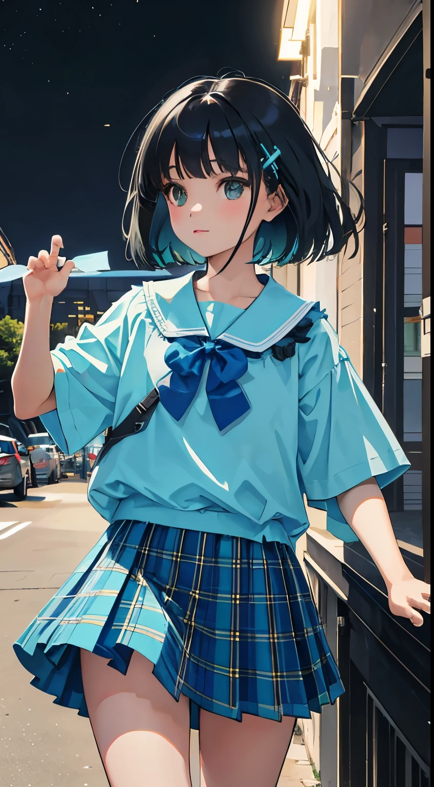 Cross your fingers,()，（masterpiece，Top quality)，Turquoise pleated miniskirt with blue-green plaid pattern，short sleeve，black hair，Summer Classroom，night，night景