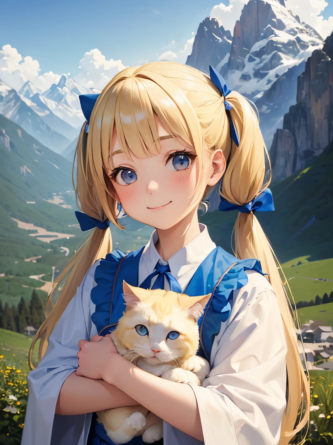 (((petite girl with blonde twin tails))),Jesus,portrait, soft light, wearing a white robe and a blue sash, holding a white cat in her arms, smiling gently, mountains and clouds in the background, 8k, oil painting