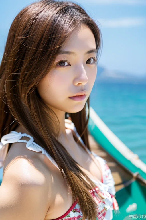 Japanese, woman, 23 years old, medium long hair, Chestnut color, No makeup, double eyelid, D cup, bust up photo, daytime, coastal, swimsuit, canoe
