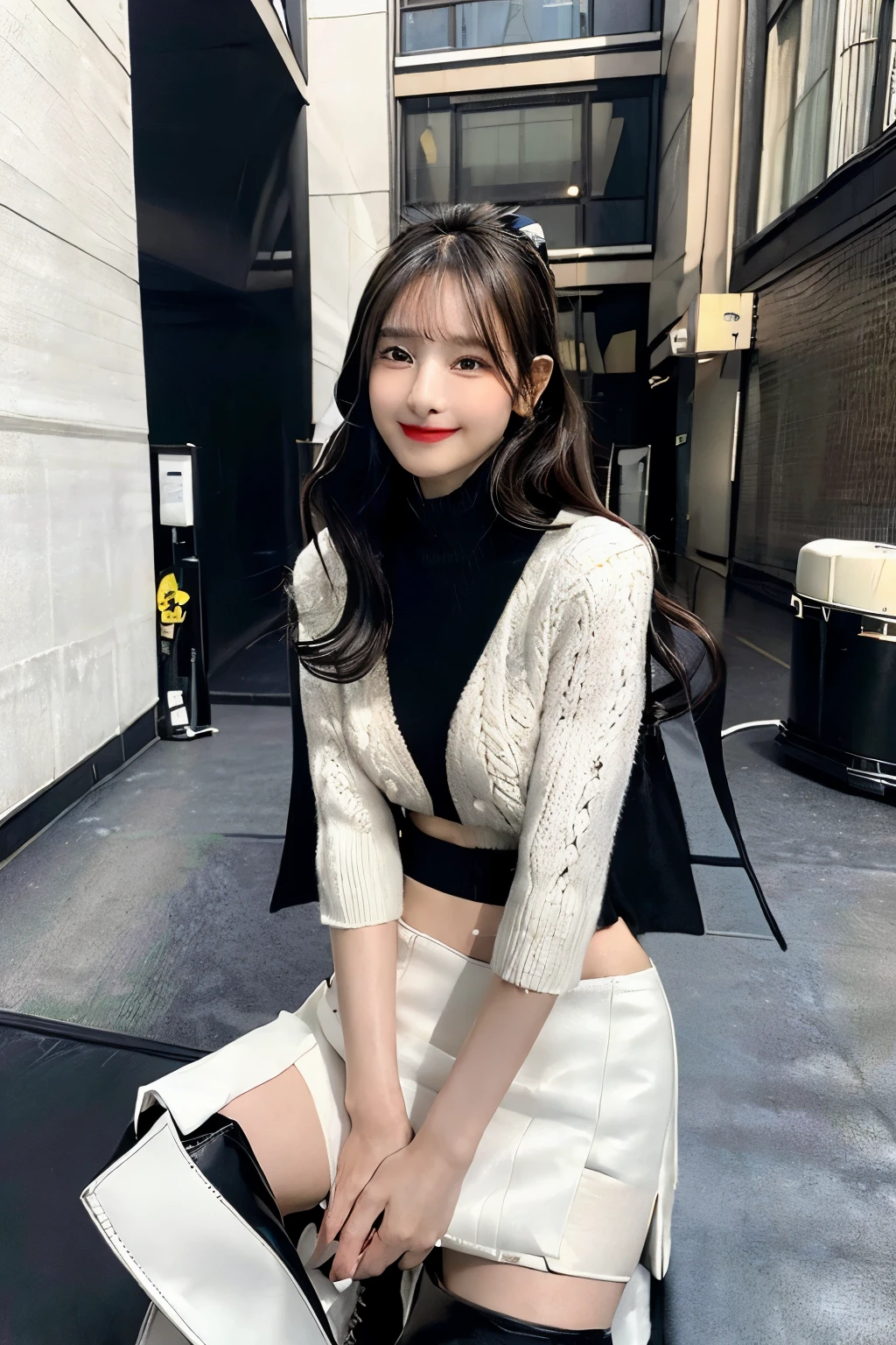 masterpiece, highest quality, (best aesthetics, 16k:1.1), (surreal:1.3), (ultra high resolution, in detail:1.4), (correct anatomy:1.5), throw, outdoor, noon, city, alley, 1 girl, alone, Japan , 15 yhole body:1.1), looking at the viewer, black hair, ponytail hairstyle, fine skin, black eyes, (thin目:1.3), detailed nose, (high nose:1.4), detailed lips, lipstick, (light smile:1.4), ((thin:1.3)), ((beautiful breasts:1.1)), walk, ((black coat:1.4)), ((white sweater:1.2)), ((mini skirt, boots:1.5))