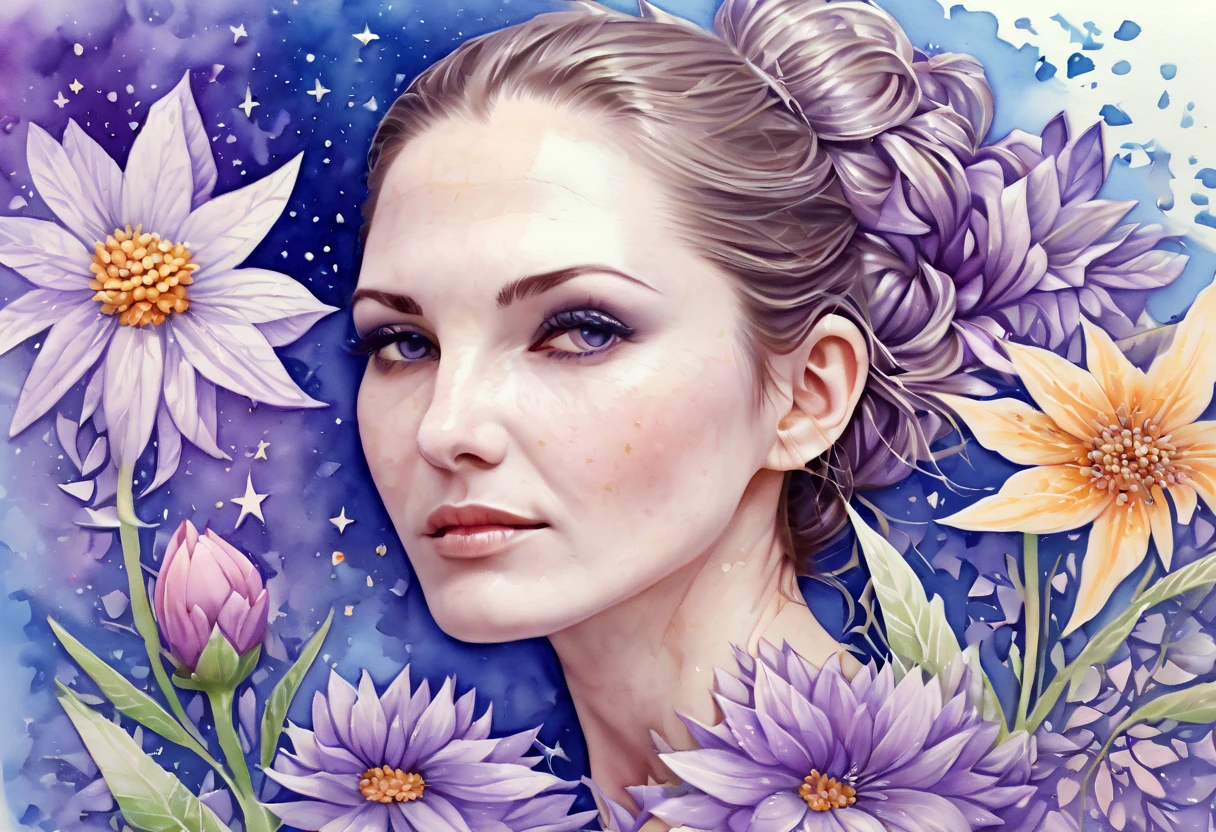 Marija. Watercolor Flowers , portraits, fantasy art, detailed features, vibrant colors, detailed features, long flowers, subtle magical lighting, three side view, 1 side potrait,2 side close, 3 side in the batlle, photo collage, soft purple, film grain, detailed pores and wrinkles on the skin film grain, detailed pores and wrinkles on the skin, detailed village in background, full of stars sky, zentangle , (sampling ratio:1.5)