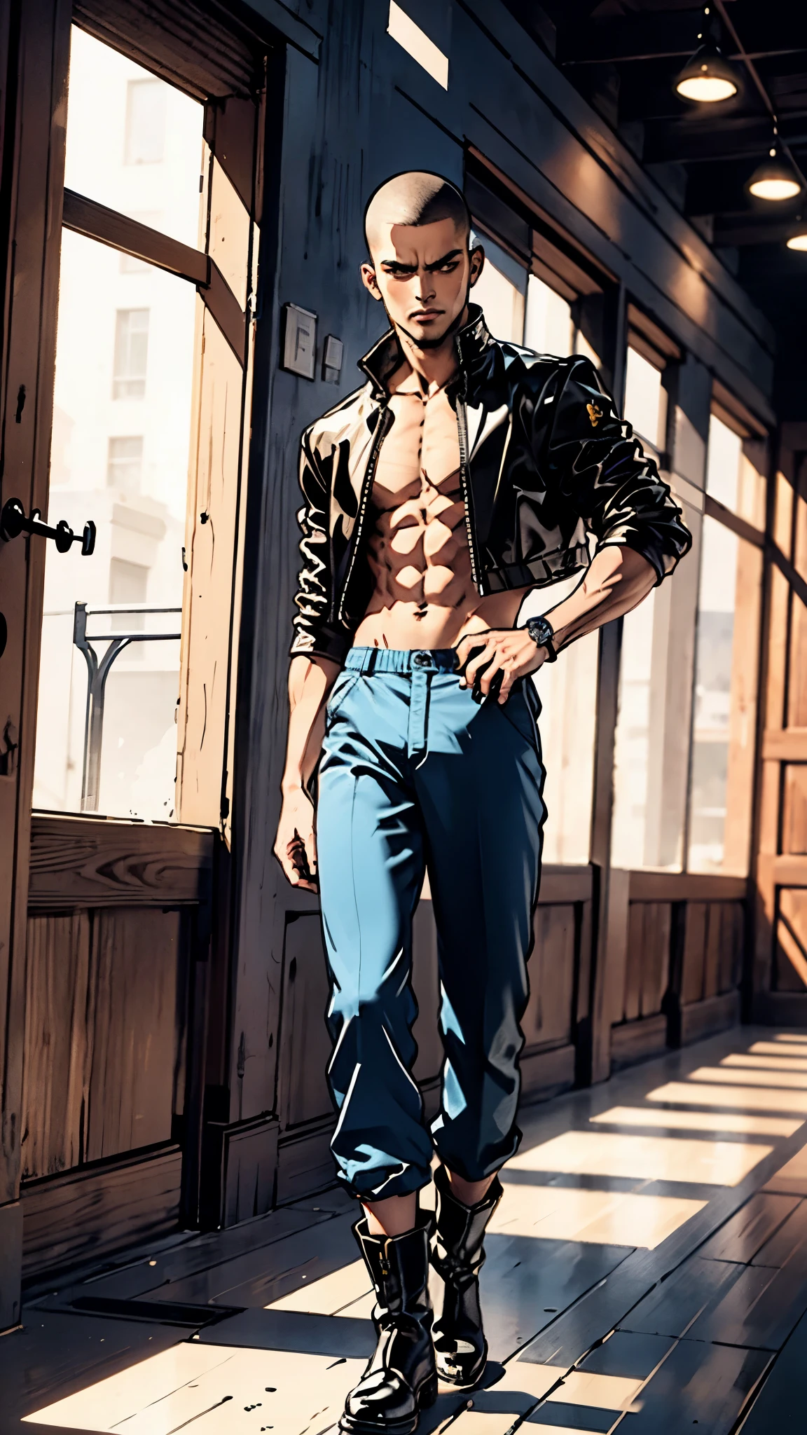 In the backdrop of an ancient fantasy-reality setting, a youth sporting a platinum crew cut displays a piercing gaze and confident demeanor. Adorned in a two-piece fusion outfit, seamlessly blending Western and Eastern influences, he wears a snug dark top paired with a vibrant yellow-blue short jacket. The lower half features loose white utility pants, and his sturdy long boots echo through the corridors of an antiquated architectural landscape. The overall aesthetic captures the essence of a refined and mature anime-inspired rogue, symmetrical face, extremely detailed eyes and face, high quality eyes, high definition, highres, ultra-fine painting, exquisite and mature, extremely delicate, professional, anatomically correct, creativity, UHD, HDR, 32k, Natural light, cinematic lighting, best shadow, masterpiece-anatomy-perfect, best quality, masterpiece, ultra-detailed
