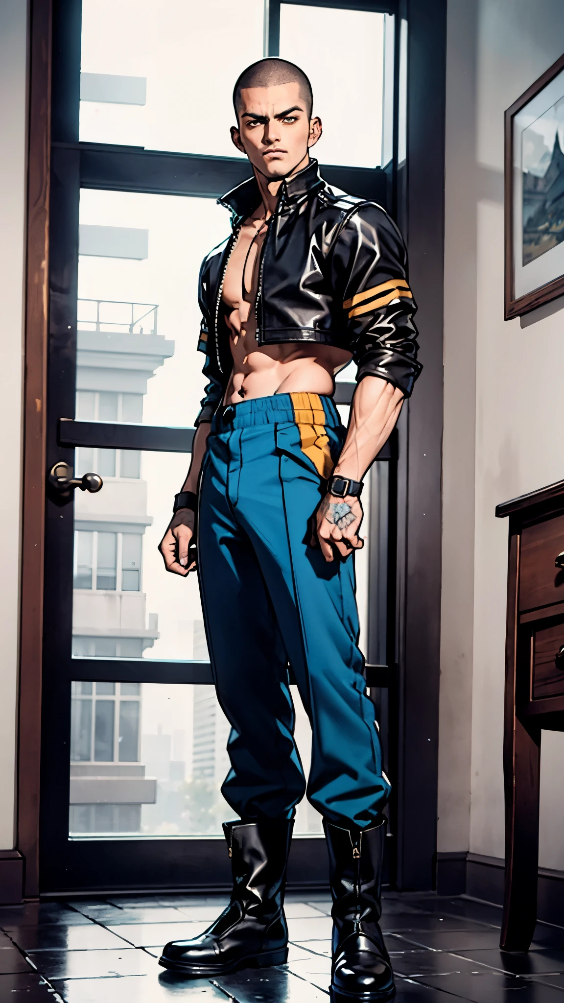 In the backdrop of an ancient fantasy-reality setting, a youth sporting a platinum crew cut displays a piercing gaze and confident demeanor. Adorned in a two-piece fusion outfit, seamlessly blending Western and Eastern influences, he wears a snug dark top paired with a vibrant yellow-blue short jacket. The lower half features loose white utility pants, and his sturdy long boots echo through the corridors of an antiquated architectural landscape. The overall aesthetic captures the essence of a refined and mature anime-inspired rogue, symmetrical face, extremely detailed eyes and face, high quality eyes, high definition, highres, ultra-fine painting, exquisite and mature, extremely delicate, professional, anatomically correct, creativity, UHD, HDR, 32k, Natural light, cinematic lighting, best shadow, masterpiece-anatomy-perfect, best quality, masterpiece, ultra-detailed