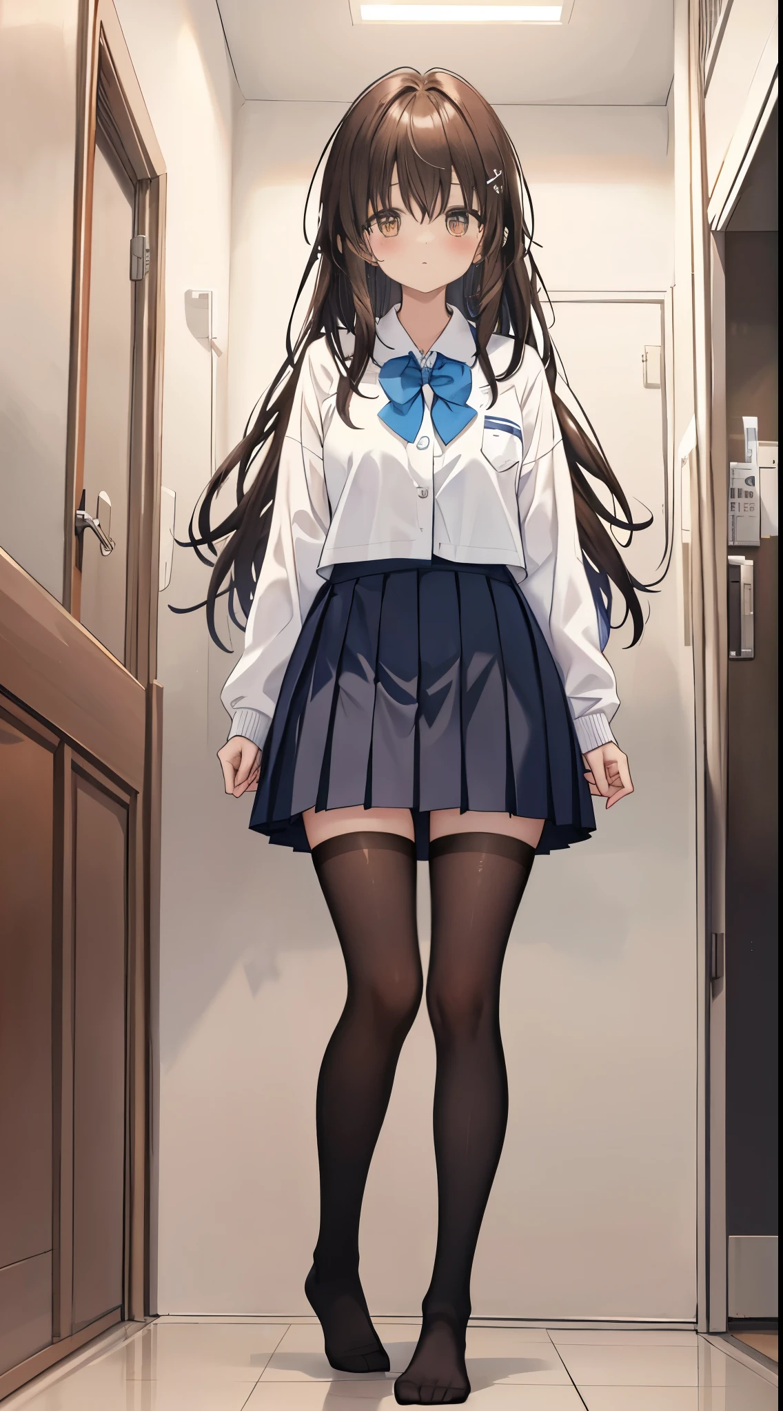 Mature Japanese high school girl、one person、((Composition from a distance that fits the entire body))、(From the head((full body to the toes)))、sit、((M-shaped legs))、legs open、Legs are spread、arm is hidden、Arms tied、small breasts、((not wearing shoes))、((Black pantyhose with darker color at the toes))、(black pantyhose): 1.2)、((White panties visible through stockings))、very beautiful 17 year old girl、I'm not wearing shoes、shy big eyes、(short brown hairy area)、(bangs)、messy hair、(Barrette)、light blush、solo、looking at the camera、White panties are visible、 Composition looking up from slightly below、high school uniform blazer、high school uniform white blouse、high school uniform blue ribbon、High school uniform plaid and navy pleated skirt、long hair