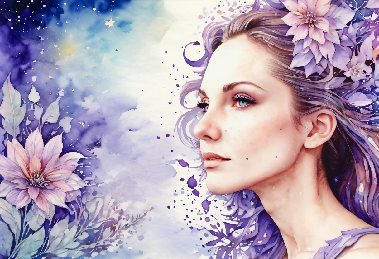 Marija. Watercolor Flowers , portraits, fantasy art, detailed features, vibrant colors, detailed features, long flowers, subtle magical lighting, (three side view, 1 side potrait,2 side close, 3 side in the distance, photo collage), soft purple, film grain, detailed pores and wrinkles on the skin film grain, detailed pores and wrinkles on the skin, detailed village in background, full of stars sky, zentangle , (sampling ratio:1.5)