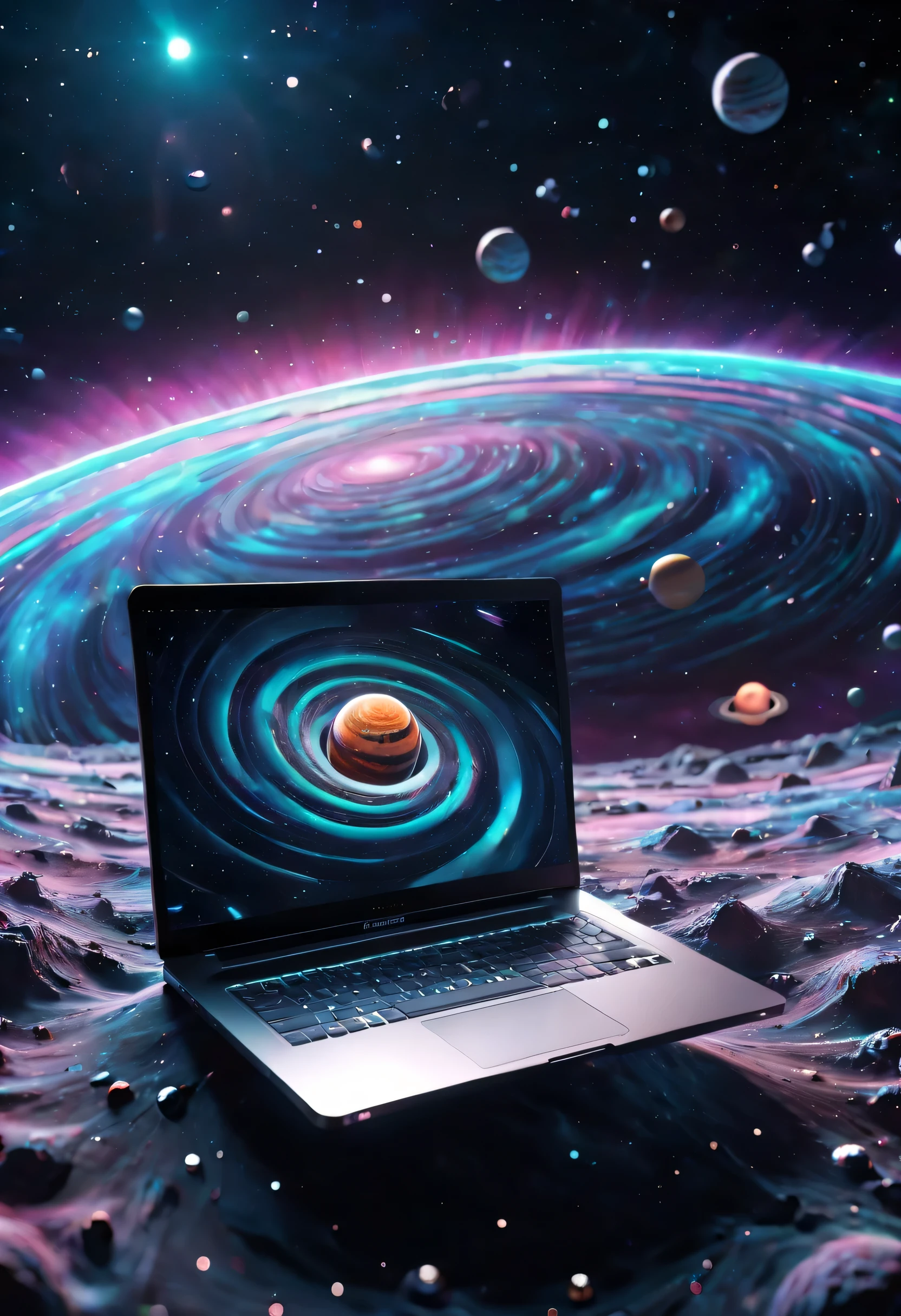 Laptop floating in space，Screen bezels are very narrow, The screen has a swirl to draw surrounding objects, universe, planet, spaceship, galaxy, High detail scenes, animation style rendering, High fidelity art style, High detail composition, Beautiful composition 3d 4k, artistic, Spring vibration, bottom corner, Blur dream illustration, dreamlike scene, The art of math, High-fidelity aesthetics
