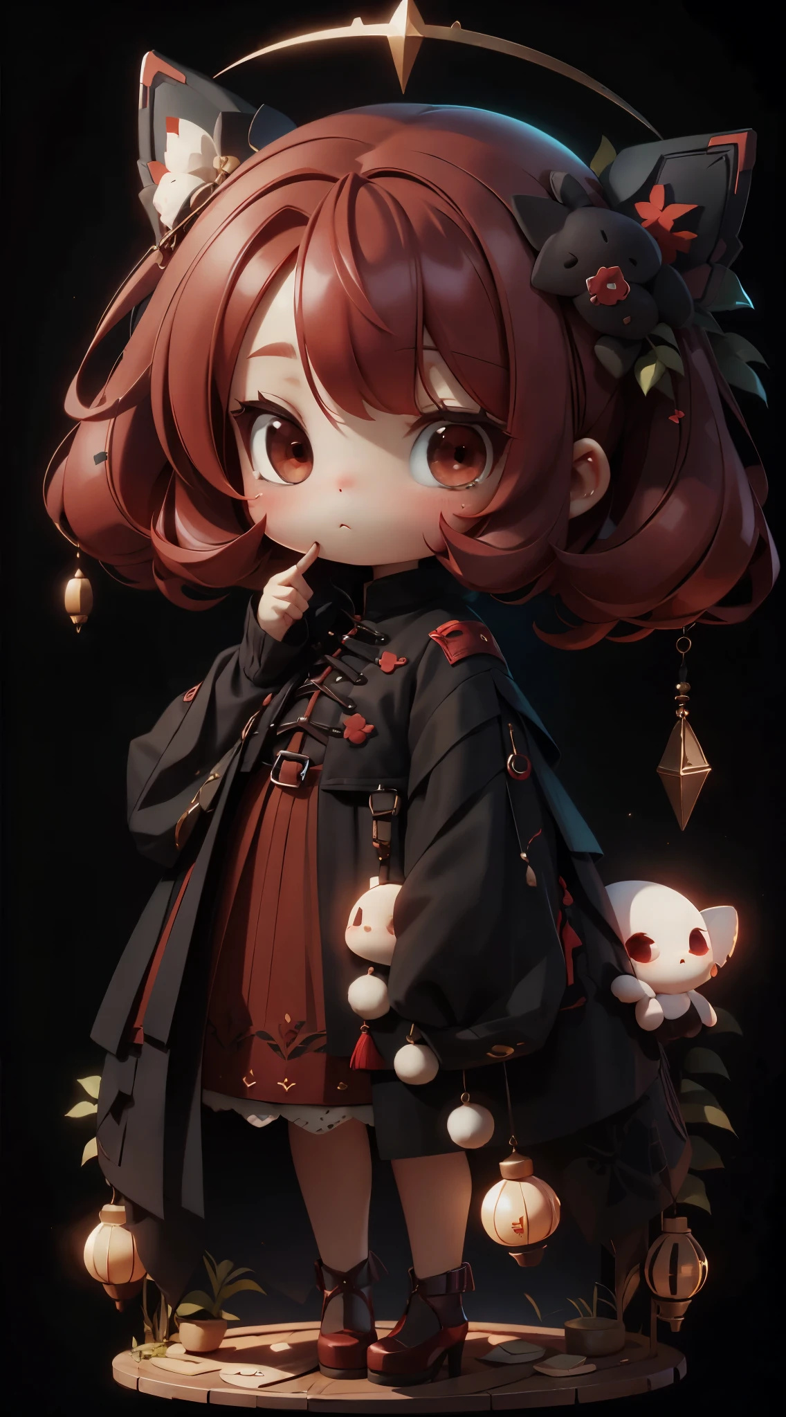 plastican00d， 1 girl， Chibi T-Shi，red hair， luxurious fabrics， Jitter，looking at the audience， Striped background
