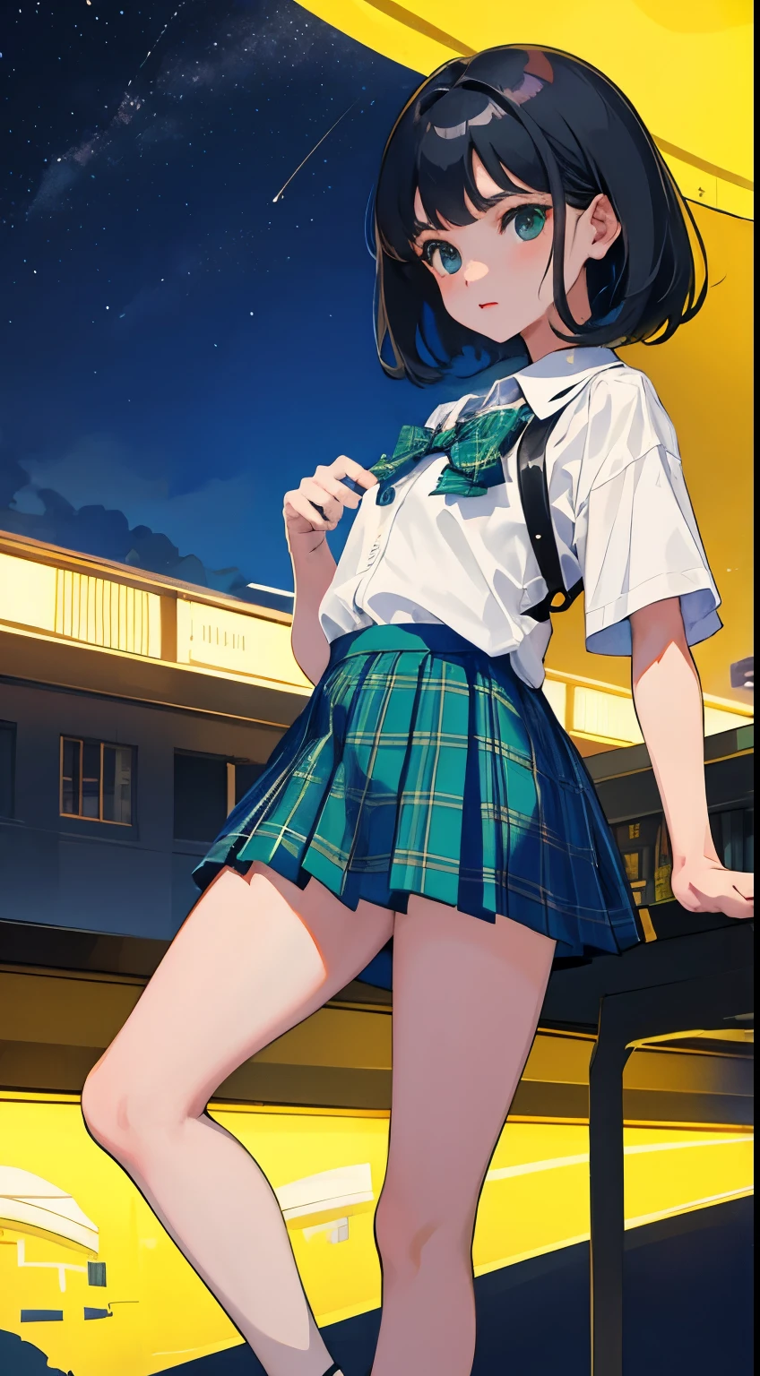 (child)，（masterpiece，Top quality)，Blue-green plaid pleated mini skirt，short sleeve，black hair，Summer Classroom，night，night景
