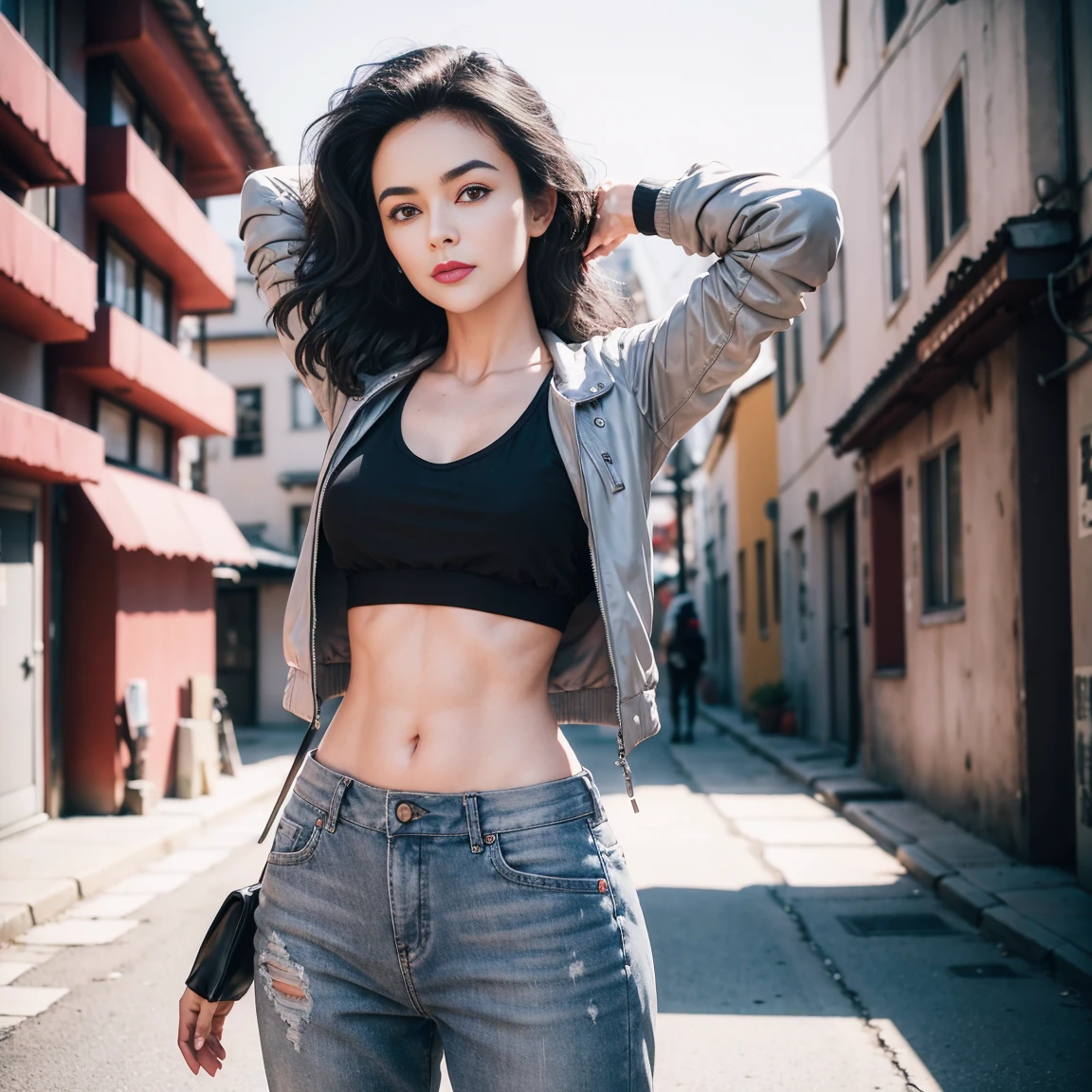 gorgeous cute Austrian girl, (crop top), Steel gray hair loose hair, wears a black top ,black boots, standing on the street, Red fluffy clothes, yoga paint and long jacket , hip hop , perfectly symmetrical face, realistic detailed skin, vivid colours, HDR, hard shadows, art photography, sharp focus, masterpiece, breathtaking, atmospheric perspective, diffusion, pore correlation, skin imperfections, 80mm Sigma f2, depth of field, intricate natural lighting