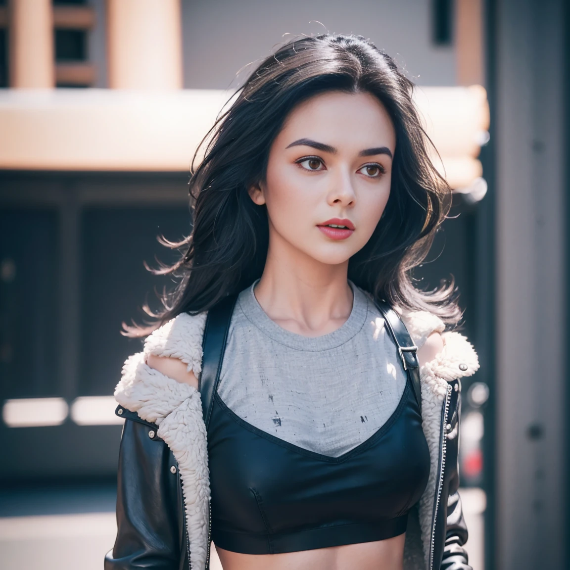 gorgeous cute Austrian girl, (crop top), Steel gray hair loose hair, wears a black top ,black boots, standing on the street, Red fluffy clothes, yoga paint and long jacket , hip hop , perfectly symmetrical face, realistic detailed skin, vivid colours, HDR, hard shadows, art photography, sharp focus, masterpiece, breathtaking, atmospheric perspective, diffusion, pore correlation, skin imperfections, 80mm Sigma f2, depth of field, intricate natural lighting