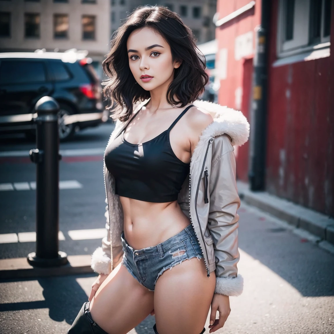 gorgeous cute Austrian girl, (crop top), Steel gray hair loose hair, wears a black top ,black boots, standing on the street, Red fluffy clothes, yoga paint and long jacket , hip hop , perfectly symmetrical face, realistic detailed skin, vivid colours, HDR, hard shadows, art photography, sharp focus, masterpiece, breathtaking, atmospheric perspective, diffusion, pore correlation, skin imperfections, 80mm Sigma f2, depth of field, intricate natural lighting
