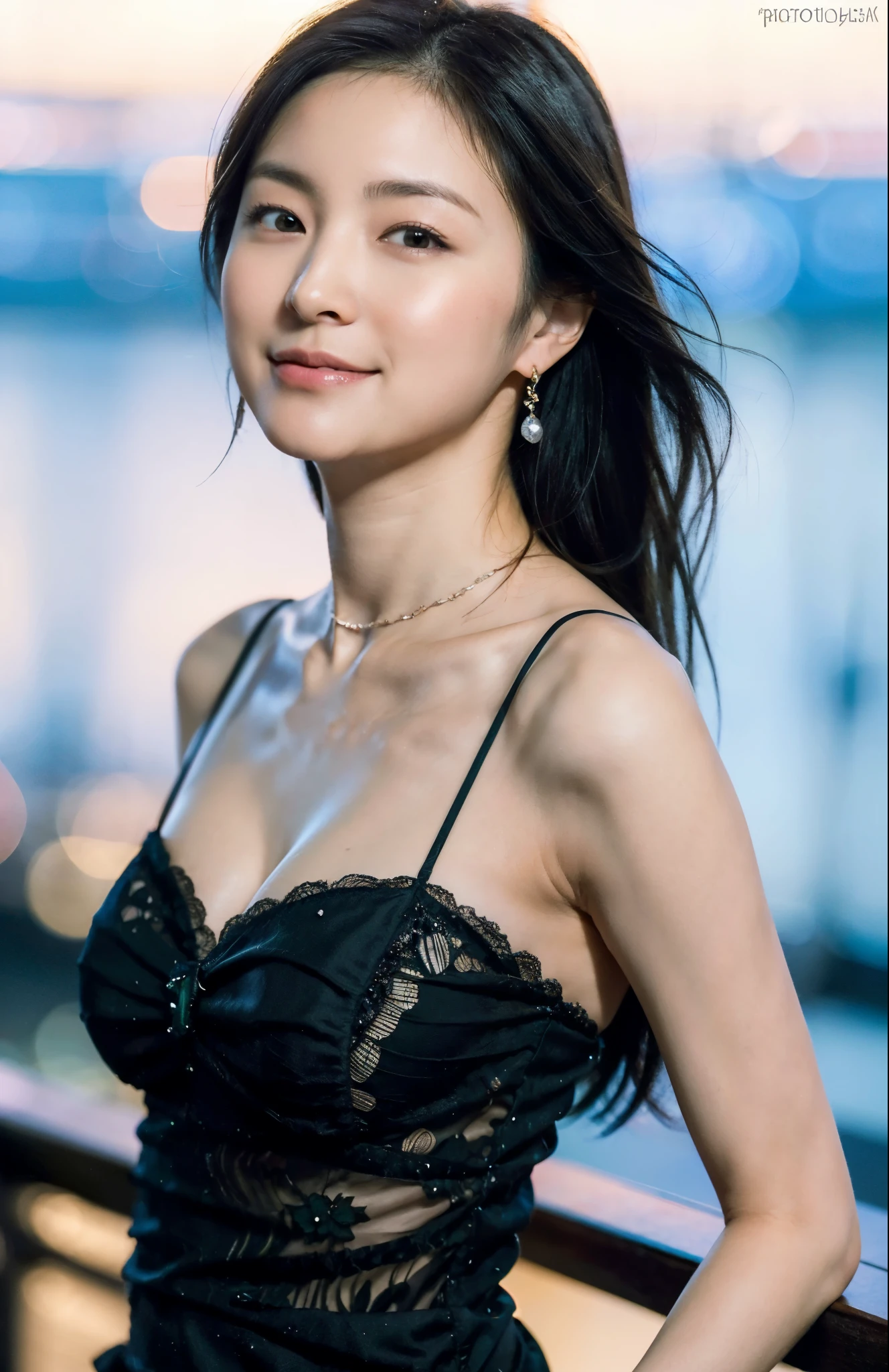 Turbulent posture, (very delicate and beautiful work), (masterpiece), 1girl, cute Japan girl in black evening dress, beautiful sea background, upper body to thighs, embarrassed, smile, lace, high definition, ridiculous, charming expression, chin raised, cheek blush, kissing face, beautiful clear eyes, green eyes, delicate necklace, delicate earrings, full body, various poses, simple background blurFine depiction, beautiful, attractive, ultra-fine painting, delicate face, delicate figure, thin collarbone, nice lips, beauty big, soft back, mix4, (8k, RAW photo, best quality), masterpiece: 1.2), (realistic, photorealistic: 1.37), one girl, cute, professional lighting, photon mapping, radiosity, physically based rendering