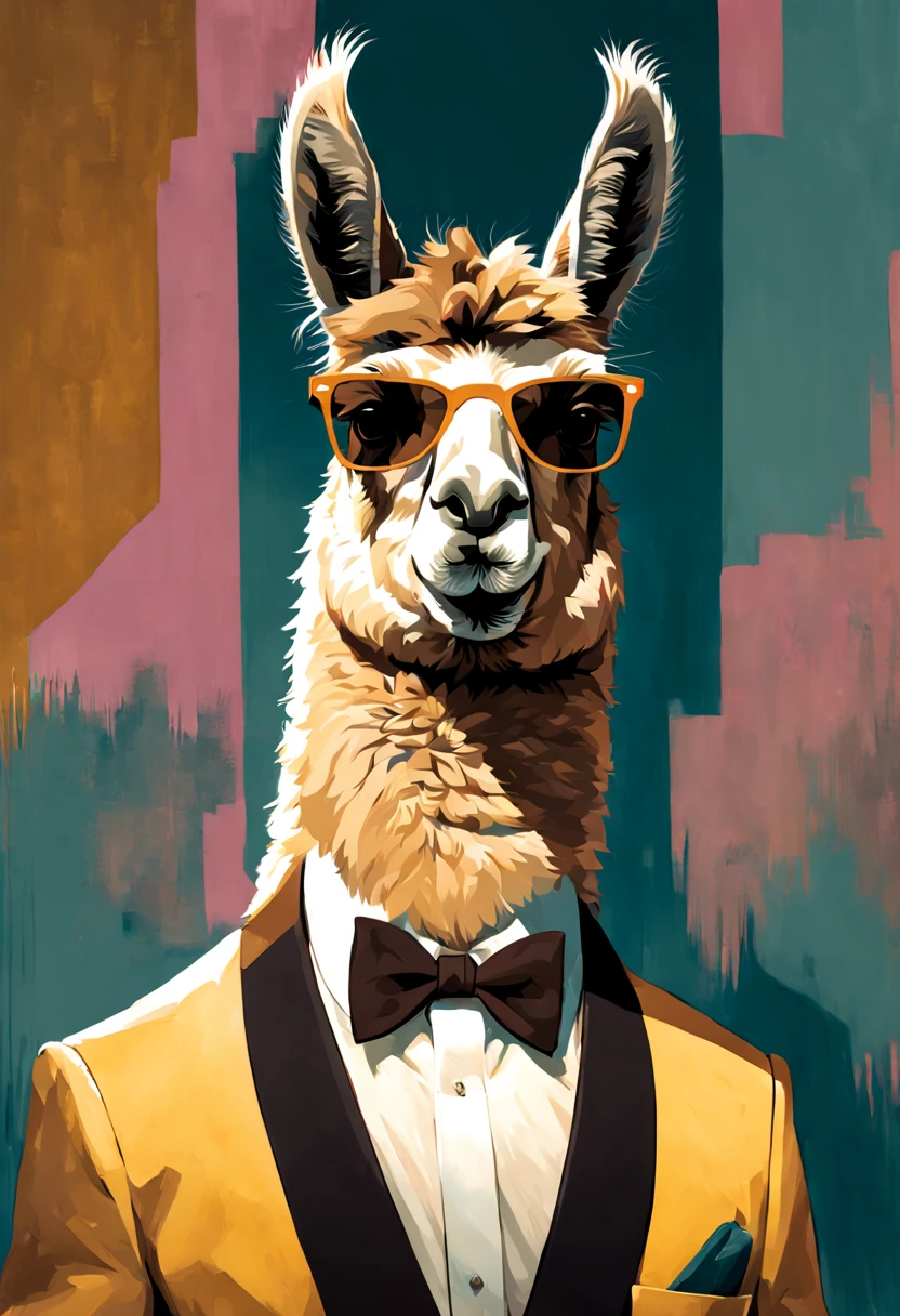 a (llama:1.31) wearing sunglasses and a business hat, (llama:1.31) anthro portrait, (llama:1.31) portrait, portrait of a (llama:1.31), lama, wild fluffy (llama:1.31) portrait, (llama:1.31) all the way, alpaca, lama with dreadlocks, (llama:1.31), wearing business suit,  by gustav klimt , art neuveau, atey ghailan, by greg rutkowski, by greg tocchini, by james gilleard, by joe fenton, by kaethe butcher, gradient yellow, black, brown and pink color scheme, grunge graffiti tag wall background