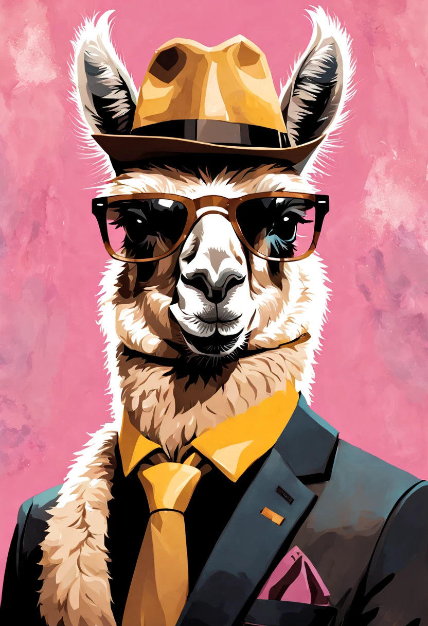 a (llama:1.31) wearing sunglasses and a business hat, (llama:1.31) anthro portrait, (llama:1.31) portrait, portrait of a (llama:1.31), lama, wild fluffy (llama:1.31) portrait, (llama:1.31) all the way, alpaca, lama with dreadlocks, (llama:1.31), wearing business suit,  by gustav klimt , art neuveau, atey ghailan, by greg rutkowski, by greg tocchini, by james gilleard, by joe fenton, by kaethe butcher, gradient yellow, black, brown and pink color scheme, grunge graffiti tag wall background