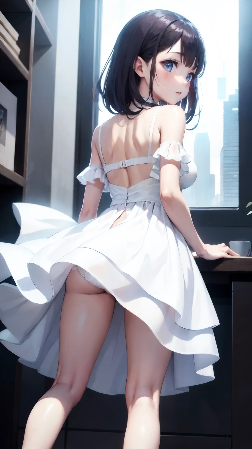 highest quality、cinematic lighting、future city、Rear view of a girl wearing a white dress、Rear view、sheer panties、100 years later、