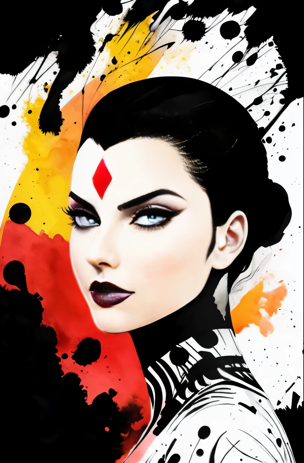 painting of a woman with a black and white face, Sylvia Pelissero watercolors, tumbler, abstract art, Intense watercolor painting, watercolor detailed art, Watercolor Splash, surreal, Avant-garde pop art, Beautiful and expressive paintings, Beautiful artwork illustration, very colorful tones, wonderful, cool beauty, highest quality,official art, women only, sharp outline, best shot, vector art, Written by Sandra Chevrier, Dave McKean、by Richard Avedon、Written by Makiezi Kusiala