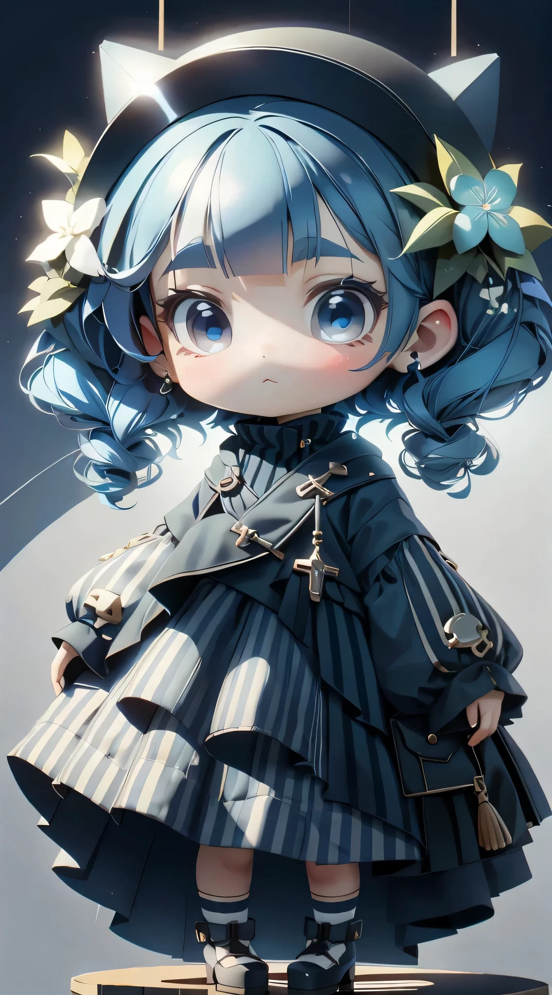 plastican00d, 1 girl, Chibi T-Shi,blue hair, luxurious fabrics, Jitter,looking at the audience, Striped background