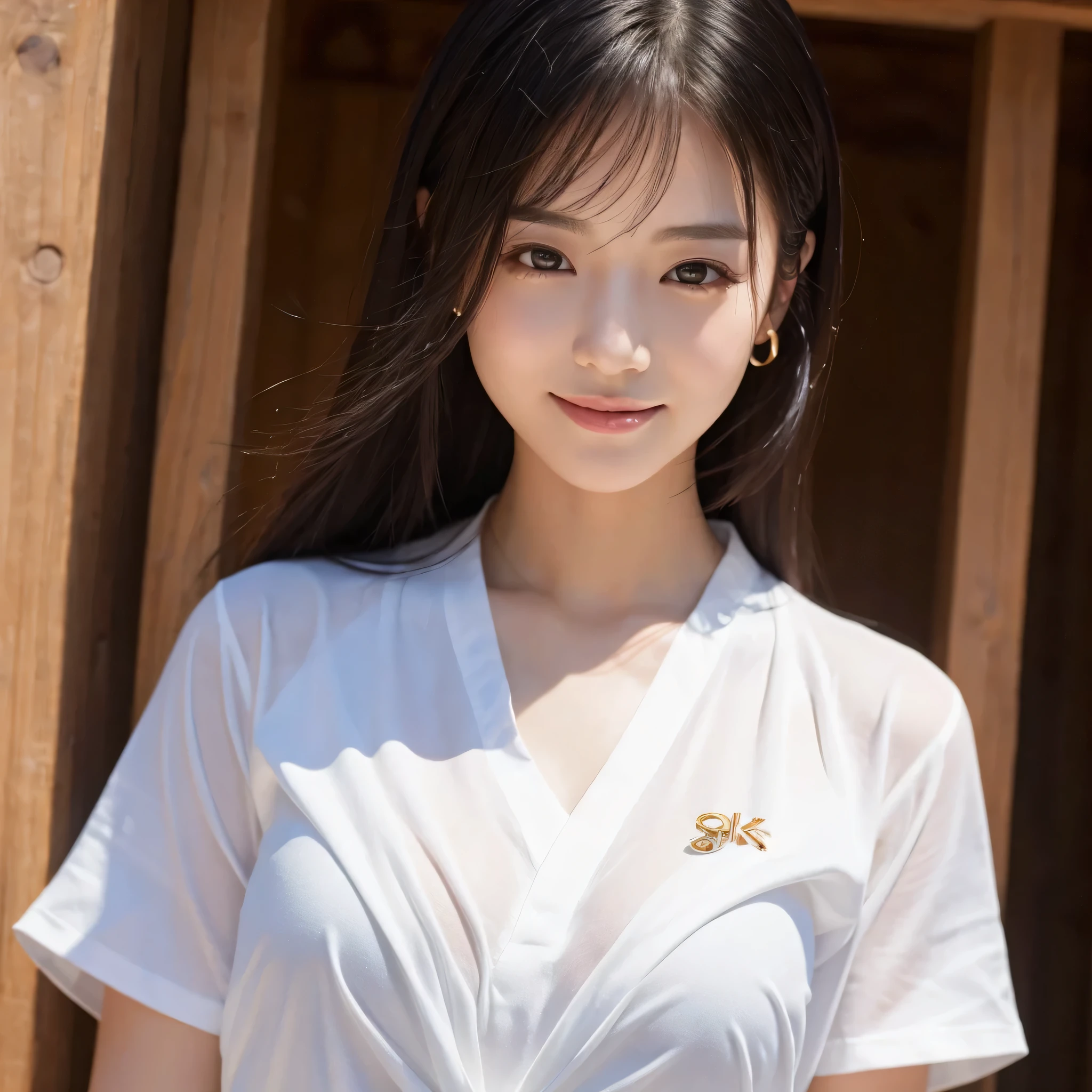 one beautiful woman、((highest quality、8K masterpiece:1.3))、sharp focus:1.2、(super beautiful face:1.0)、(shiny skin:1.0)、realistic pictures、black hair、video writing、High resolution eyes and face、video writing、japanese actress、from the front、Medium chest、shy smile、The beauty of slender abs、whole body、Kanji for Japan「kind」wearing a t-shirt、At the shrine