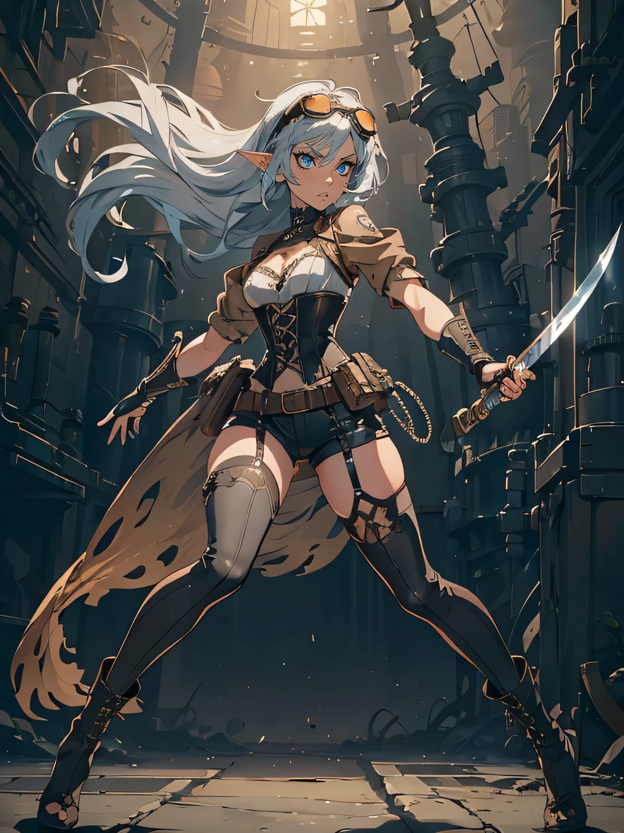 masterpiece, high quality, inside underground cave, 1_woman, ((full body)), mid-jump, mid-air, ((holding japanese katana in hand)), (exotic skin_complexion:1.4),mature, leaping at camera, tall, beautiful, exotic, with long elf ears, looking to the side, long hair, silver hair, detailed face, angry expression, anime fight pose, having diamond shaped eyes, blue eyes, (dark_eyeliner), long_eyelashes medium_bust, thigh gap, wearing Steampunk corset, chest window, (brown shorts), crossing belts, (goggles on head), red tinted goggle lenses, long fingerless_gloves, belts with metal gears, making fist, black thigh highs with embroidery, knee boots with laces, dynamic lighting casts detailed shadows