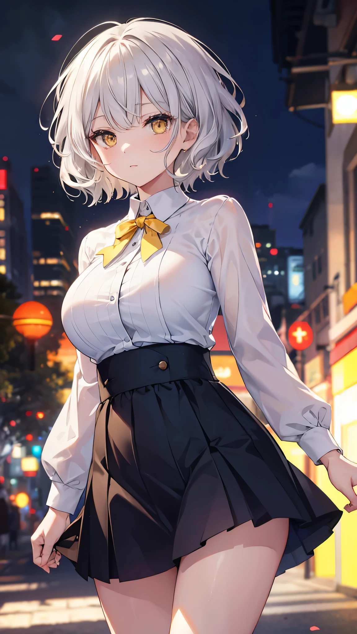masterpiece, highest quality, short hair, silver hair, wavy hair, dull bangs, yellow eyes, big breasts, shirt, mini skirt, Depth of bounds written, Bokeh, Wind,