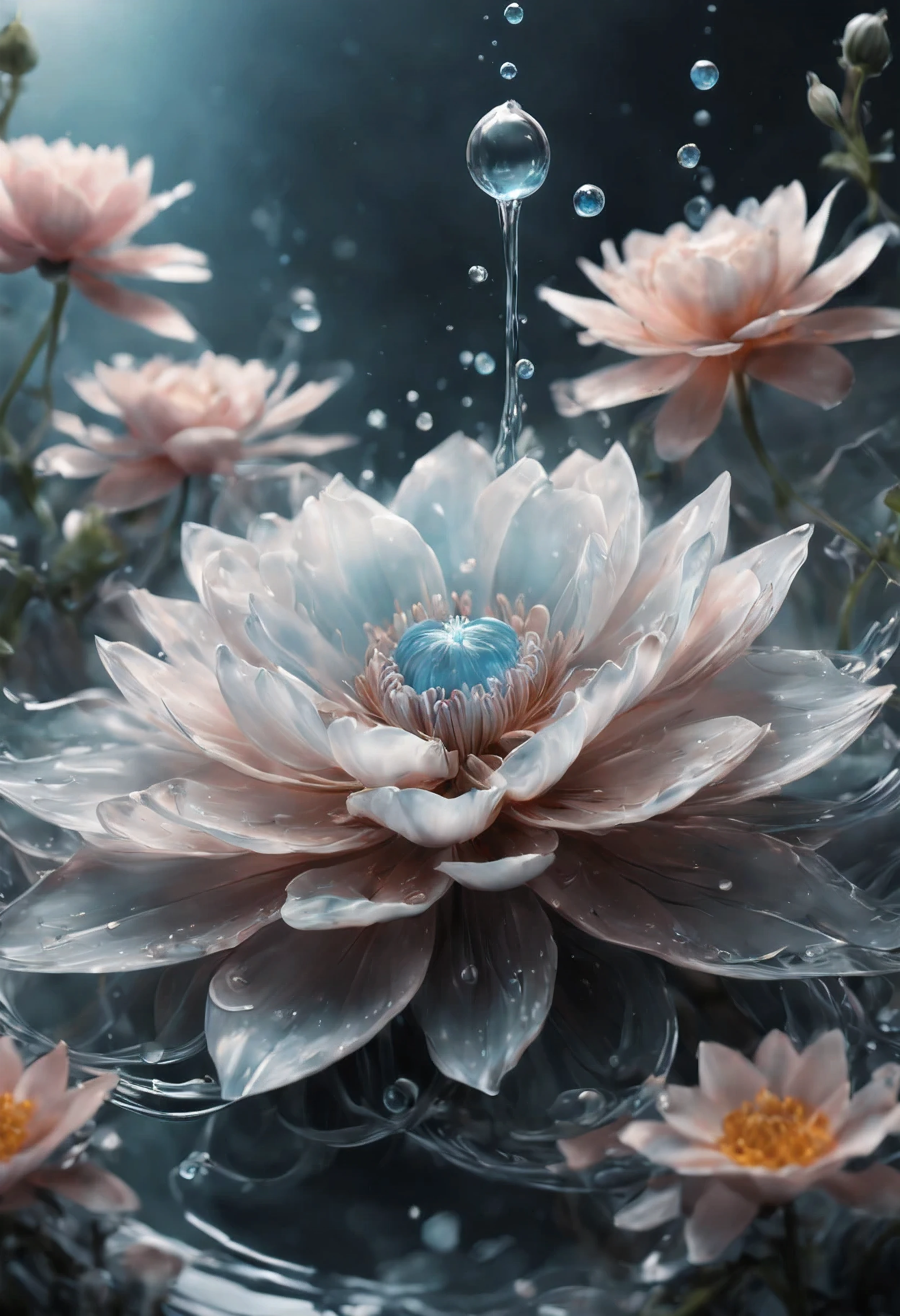 (((intricate detail:1.4))), (((extremely insane detail:1.4))),(((highest quality:1.3))), (((Soft colors 4k highly detailed digital art:1.3))). | Close up of delicate splash of water that forming into magical flower, as splash of water reflect light, each splash detailed and rendered with a masterful gouache technique,surrounded by mysterious atmosphere of light and shadow art, splash of water everywhere, great environment, subtly illuminate,fantasy art behance,surreal, its beauty and strength captured,It gives a majestic aura.