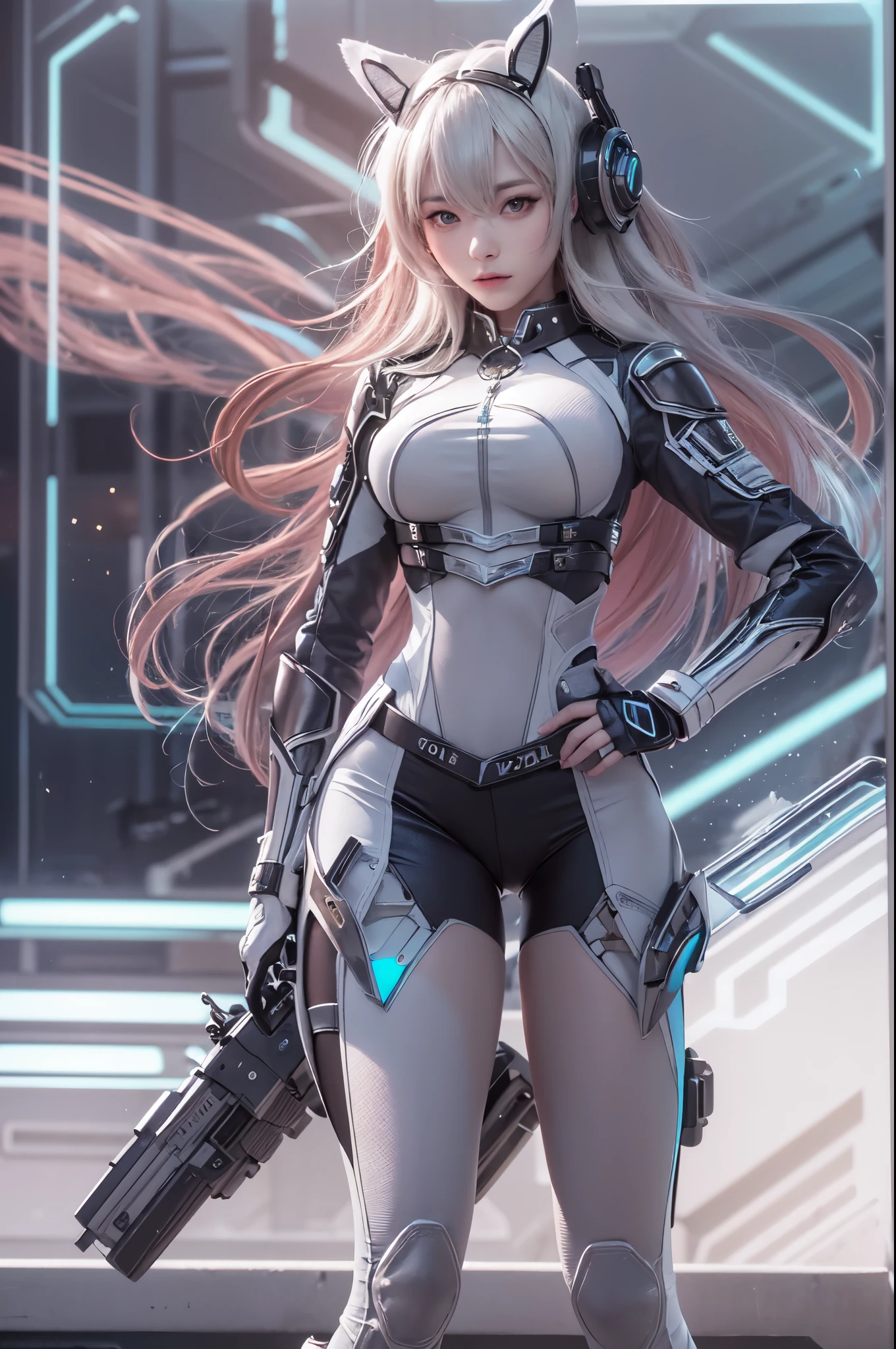 1girl,future technology服装，White latex tights，Luminous array lights on clothes，Soft light，Mechanical belt，future technology，future technology发束，Android，Super Soldier，dynamic poses，shooting，Holographic screen background，Super stunning graphics，super wide shot，best quality，masterpiece，8k，Unreal 5 rendering，High chiaroscuro，