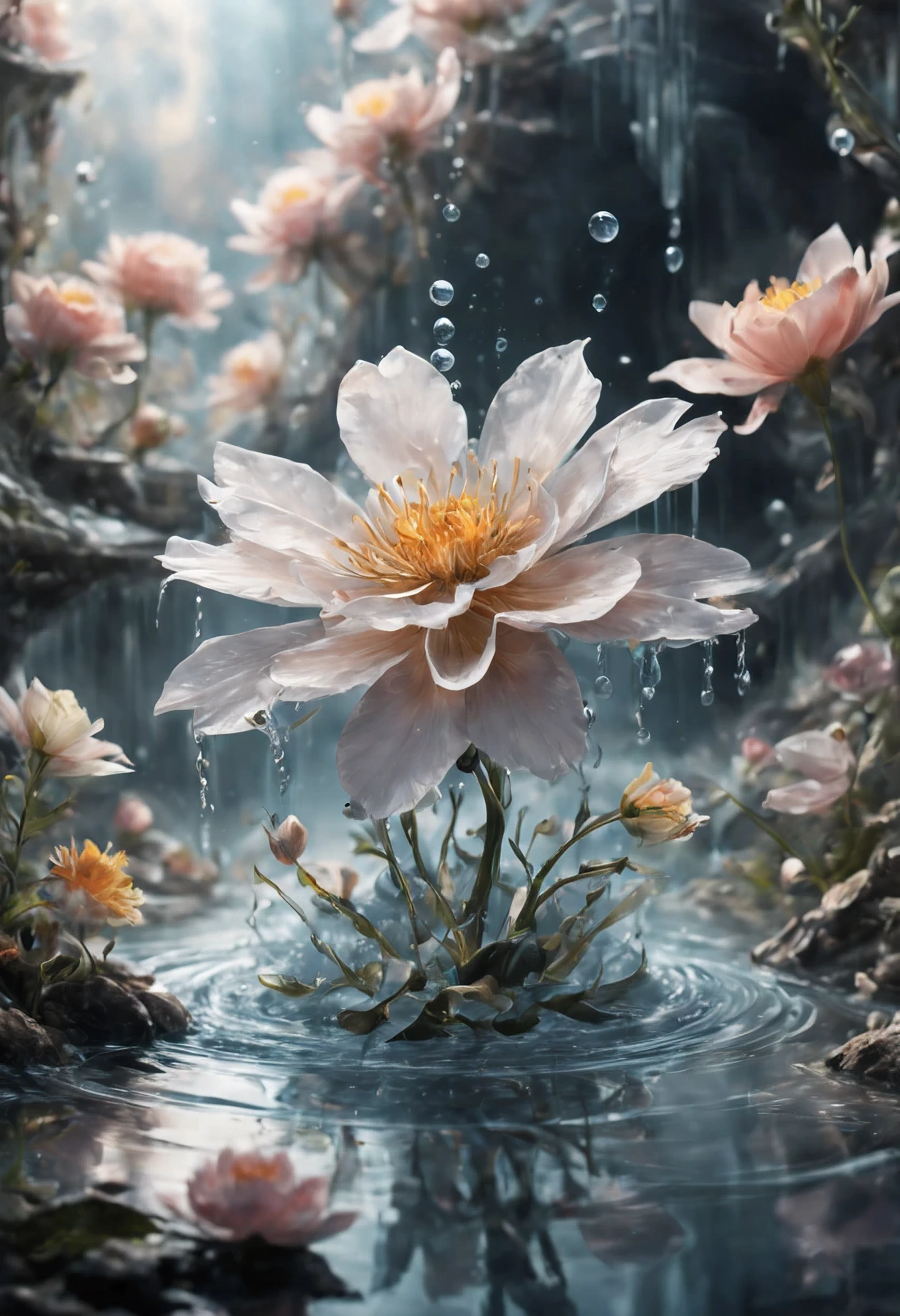 (((intricate detail:1.4))), (((extremely insane detail:1.4))),(((highest quality:1.3))), (((Soft colors 4k highly detailed digital art:1.3))). | Close up of delicate splash of water that forming into magical flower, as splash of water reflect light, each splash detailed and rendered with a masterful gouache technique,surrounded by mysterious atmosphere of light and shadow art, splash of water everywhere, great environment, subtly illuminate,fantasy art behance,surreal, its beauty and strength captured,It gives a majestic aura.