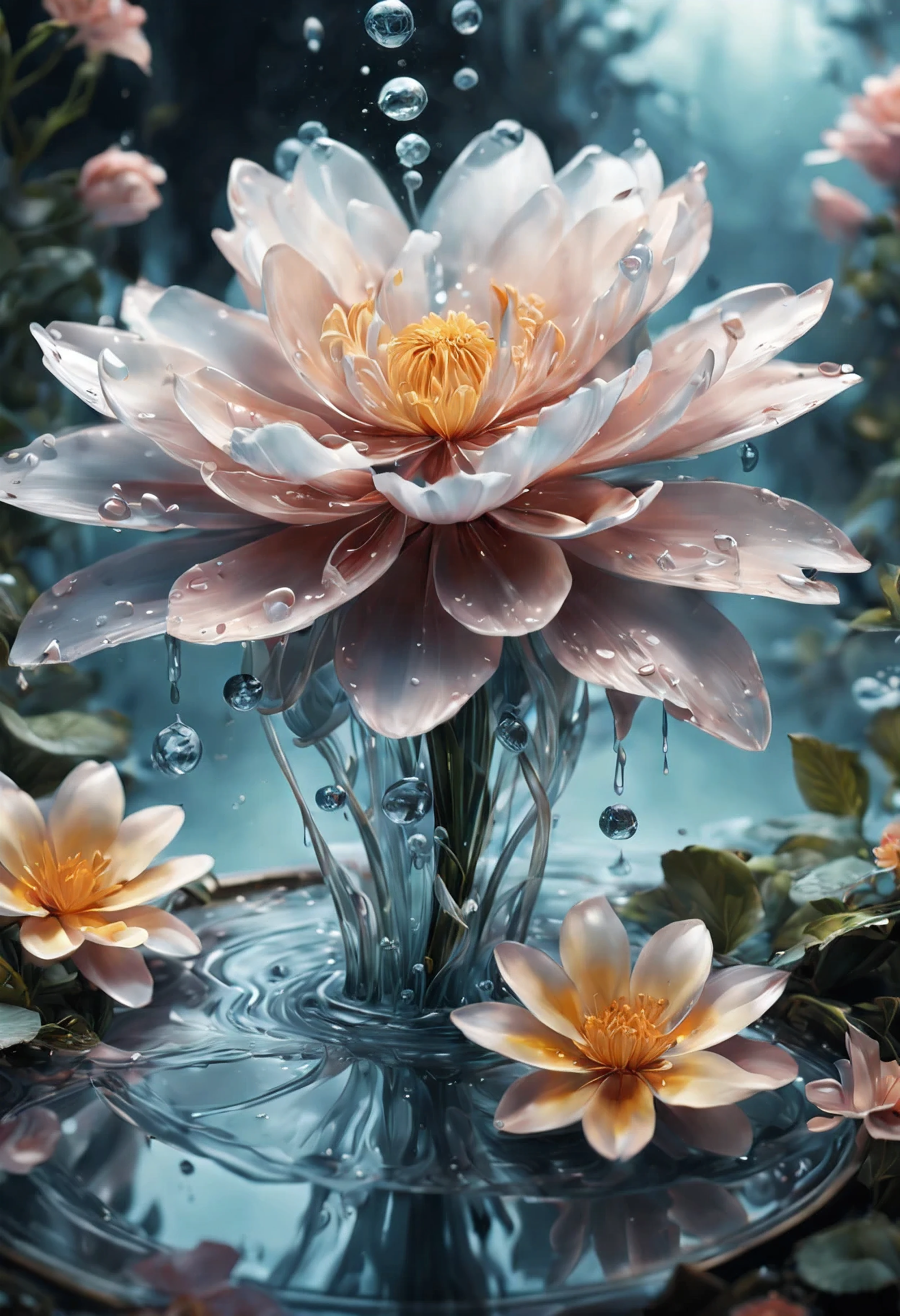 (((intricate detail:1.4))), (((extremely insane detail:1.4))),(((highest quality:1.3))), (((Soft colors 4k highly detailed digital art:1.3))). | Close up of delicate splash of water that forming into magical flower, as splash of water reflect light, each splash detailed and rendered with a masterful gouache technique,surrounded by mysterious atmosphere of light and shadow art, splash of water everywhere, great environment, subtly illuminate,fantasy art behance,surreal, its beauty and strength captured,It gives a majestic aura.