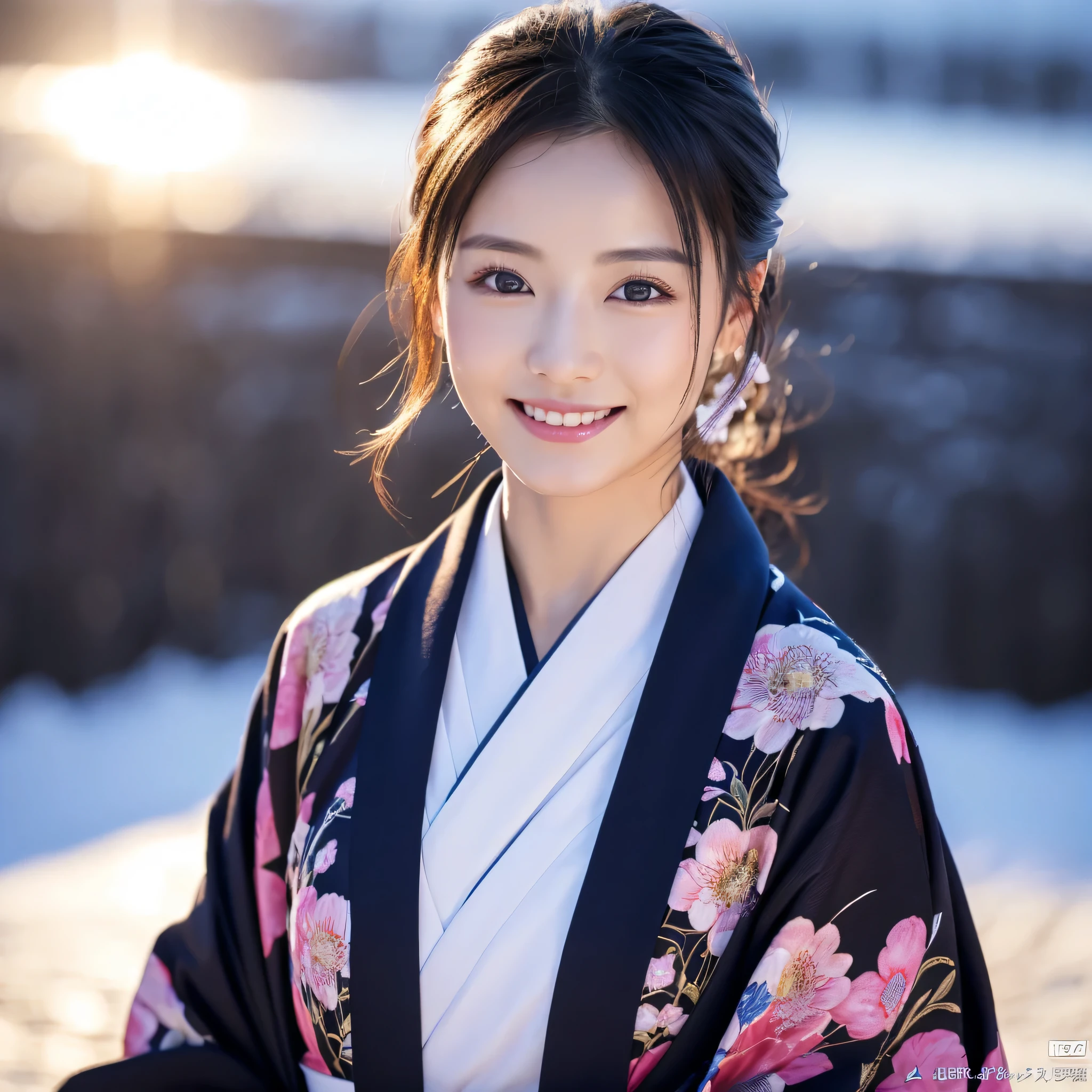 (Super beautiful woman in kimono)、((highest quality、8K masterpiece:1.3))、sharp focus:1.2、(super beautiful face:1.0)、(shiny skin:1.0)、realistic pictures、black hair、video lighting、High resolution eyes and face、video lighting、japanese actress、from the front、Medium chest、with a happy smile、Slender abs beauty、whole body、wearing a kimono、In the snowy landscape of midwinter、highest grade obi