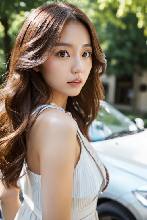 Japanese, woman, 23 years old, medium long hair, Chestnut color, No makeup, double eyelid, D cup, Emphasize bust up, BMW, car