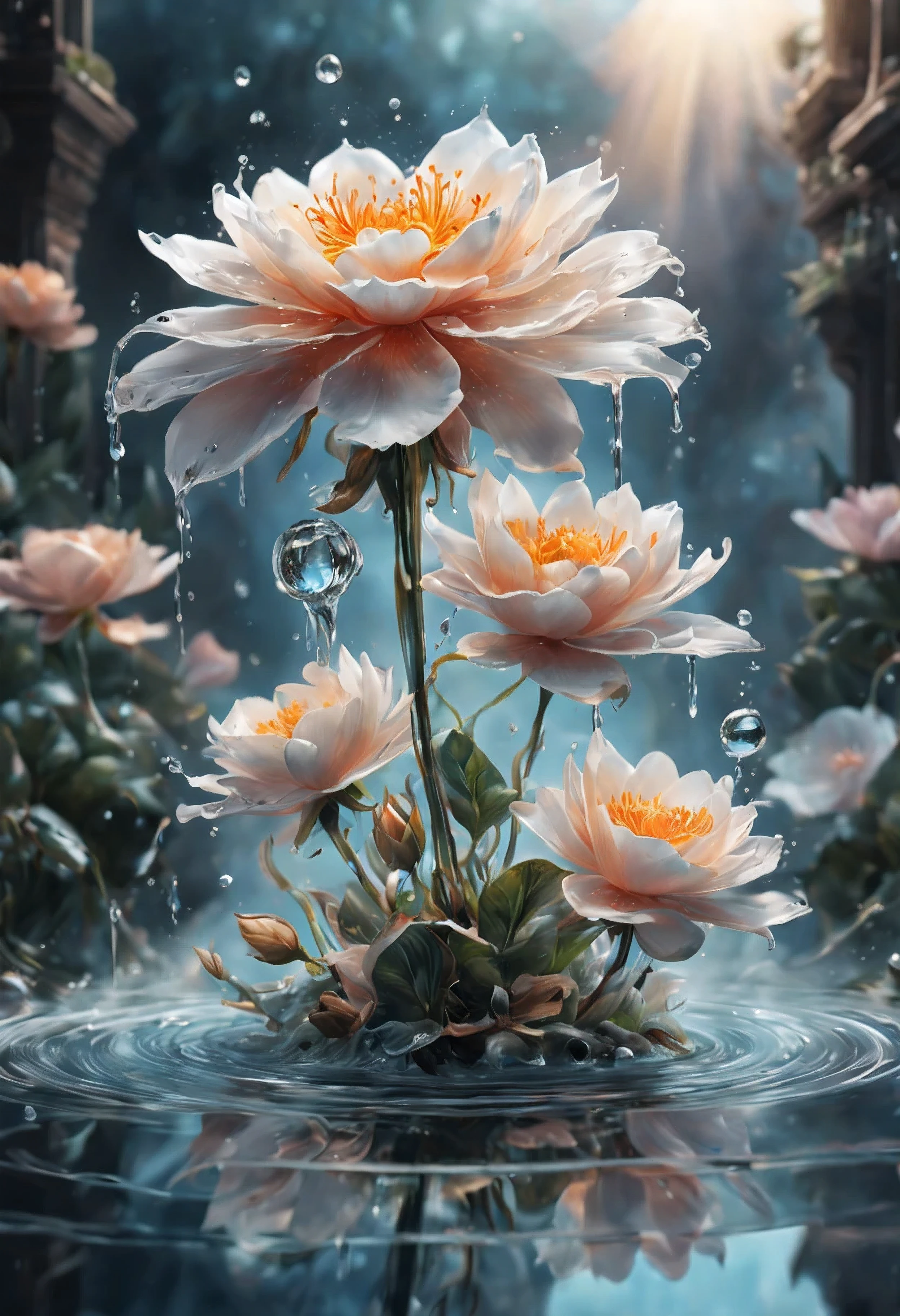 (((intricate detail:1.4))), (((extremely insane detail:1.4))),(((highest quality:1.3))), (((Soft colors 4k highly detailed digital art:1.3))). | Close up of delicate splash of water that forming into magical flower, as splash of water reflect light, each splash detailed and rendered with a masterful gouache technique,surrounded by mysterious atmosphere of light and shadow art, splash of water everywhere, great environment, subtly illuminate,fantasy art behance,surreal, its beauty and strength captured,It gives a majestic aura.