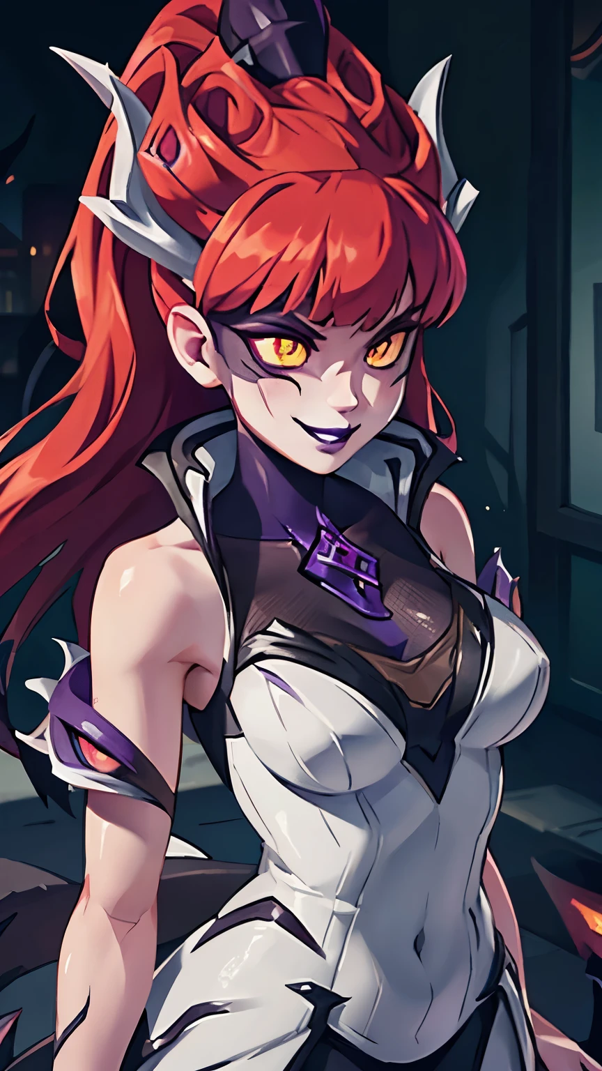 out of frame, Zyra - Crime City Nightmare - League of Legends, HD, white clothes, red hair, blush, yellow eyes, dilated pupils, eye reflection, high detail, depth of field, UHD, retina, masterpiece, ccurate, anatomically correct, textured skin, super detail, high details, high quality, award winning, best quality, highres, 1080P, HD, 4K, purple lips, evil smile