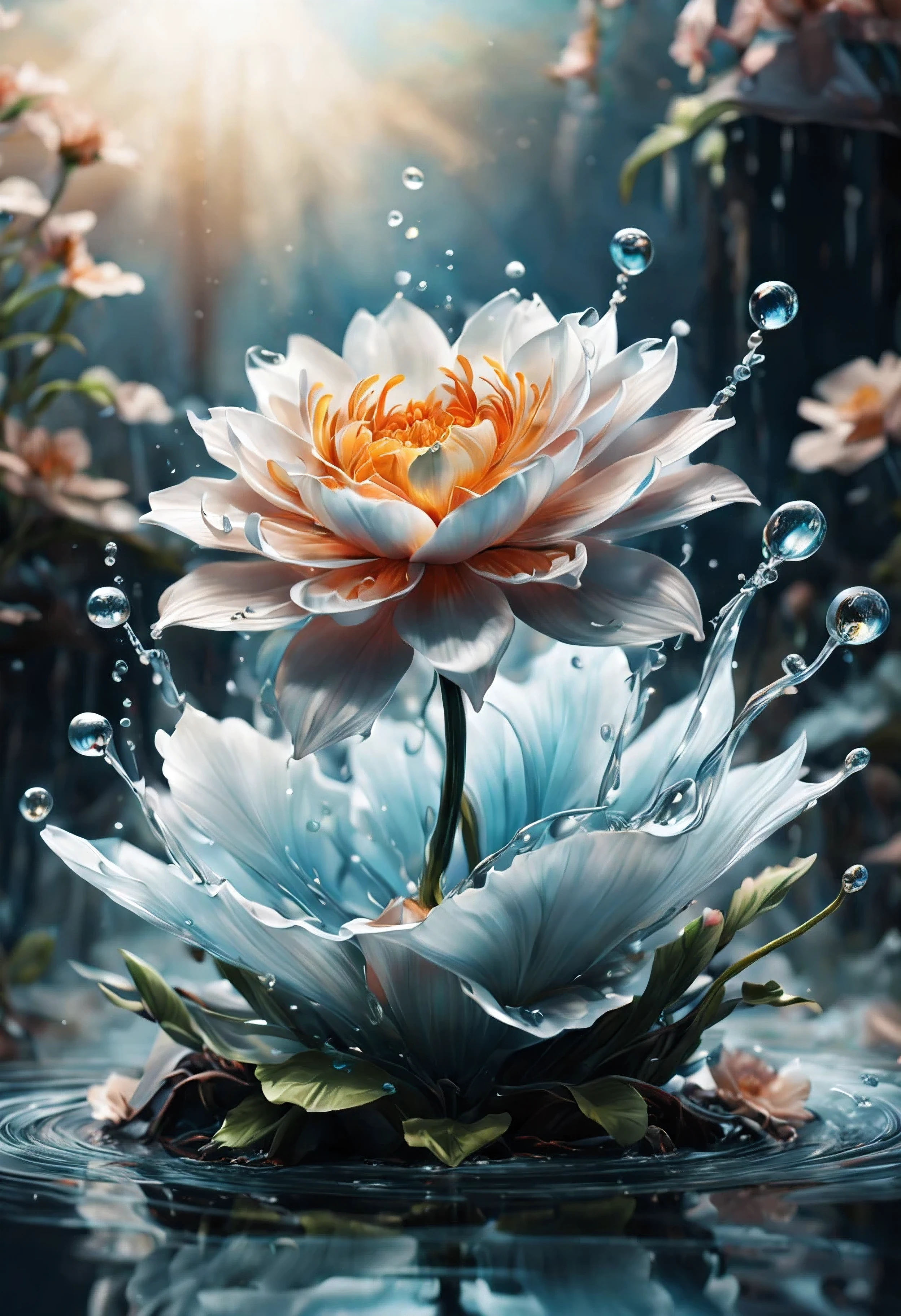 (((intricate detail:1.4))), (((extremely insane detail:1.4))),(((highest quality:1.3))), (((Soft colors 4k highly detailed digital art:1.3))). | Close up of delicate splash of water that forming into magical flower, as splash of water reflect light, each splash detailed and rendered with a masterful gouache technique,surrounded by mysterious atmosphere of light and shadow art, splash of water everywhere, great environment, subtly illuminate,fantasy art behance,surreal, its beauty and strength captured,It gives a majestic aura.