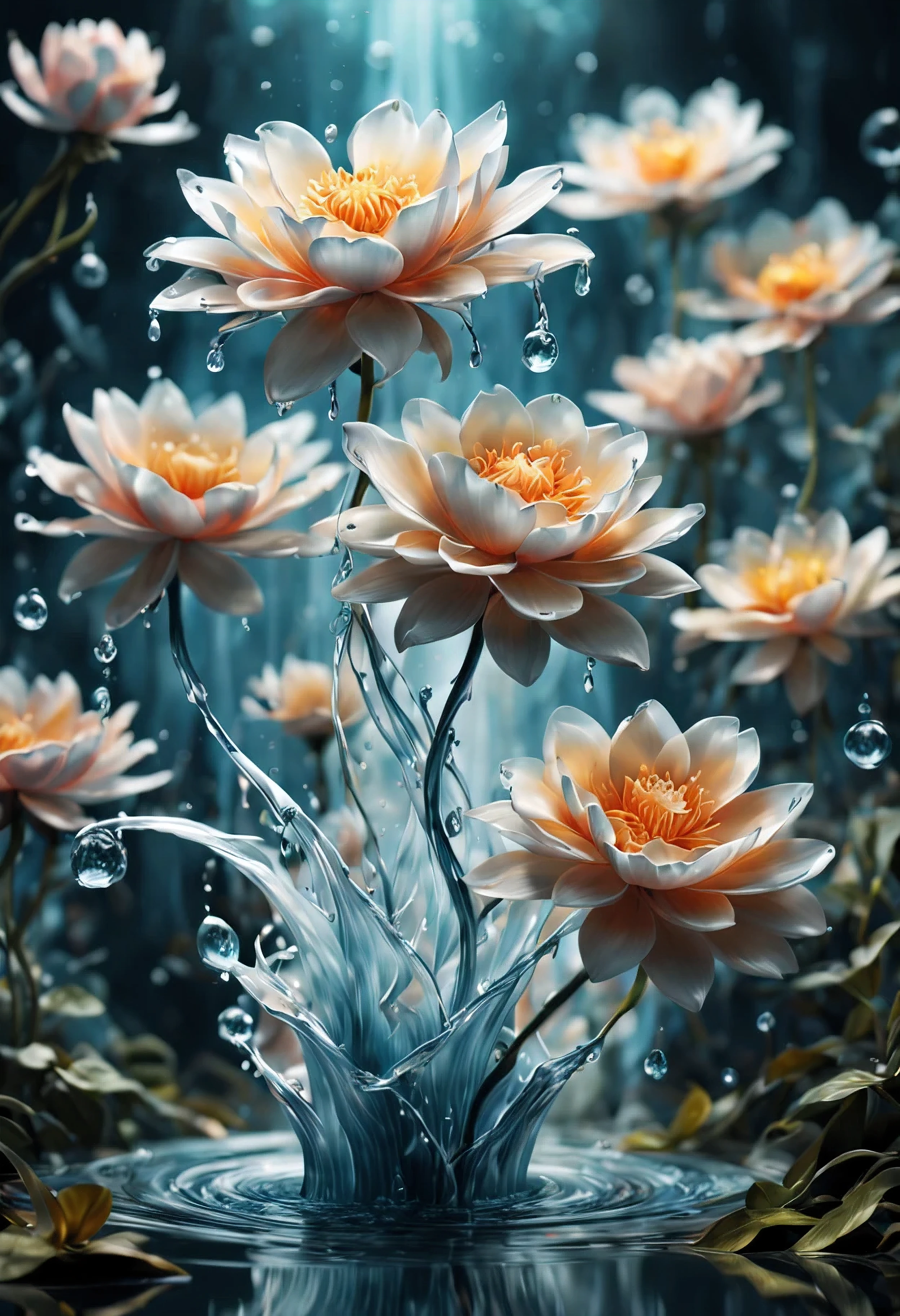 (((intricate detail:1.4))), (((extremely insane detail:1.4))),(((highest quality:1.3))), (((Soft colors 4k highly detailed digital art:1.3))). | Close up of delicate splash of water that forming into magical flower, as splash of water reflect light, each splash detailed and rendered with a masterful gouache technique,surrounded by mysterious atmosphere of light and shadow art, splash of water everywhere, great environment, subtly illuminate,fantasy art behance,surreal, its beauty and strength captured,It gives a majestic aura.
