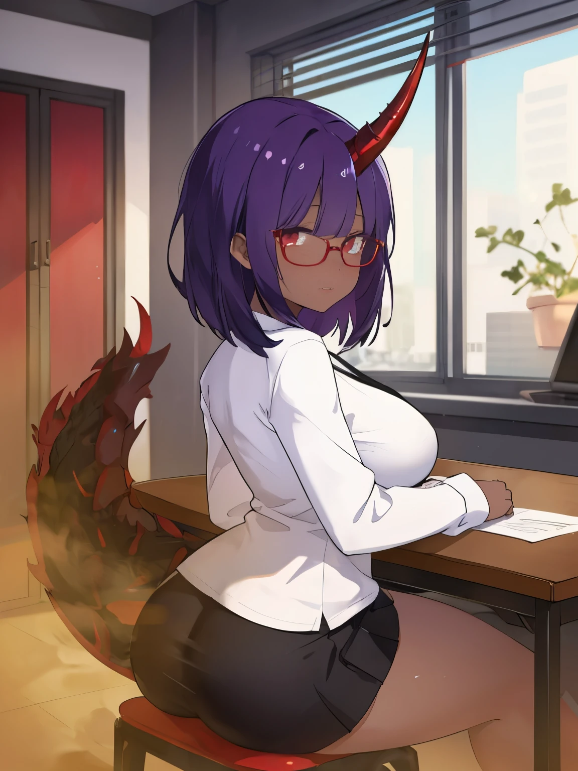 red horn, (black skin), purple hair, (highest quality, masterpiece), sitting, looking at the viewer, hands on the table, Previous table, back side of office, 1 female, neckline, mini skirt, white shirt, big breasts, big thighs, black skin, Glasses, short, black skin, alone,, Are standing, Libra, dark red dragon horn, dark red dragon tail, Subtle paternal with a lighter shade of purple along its limbs and tail, red eyes
