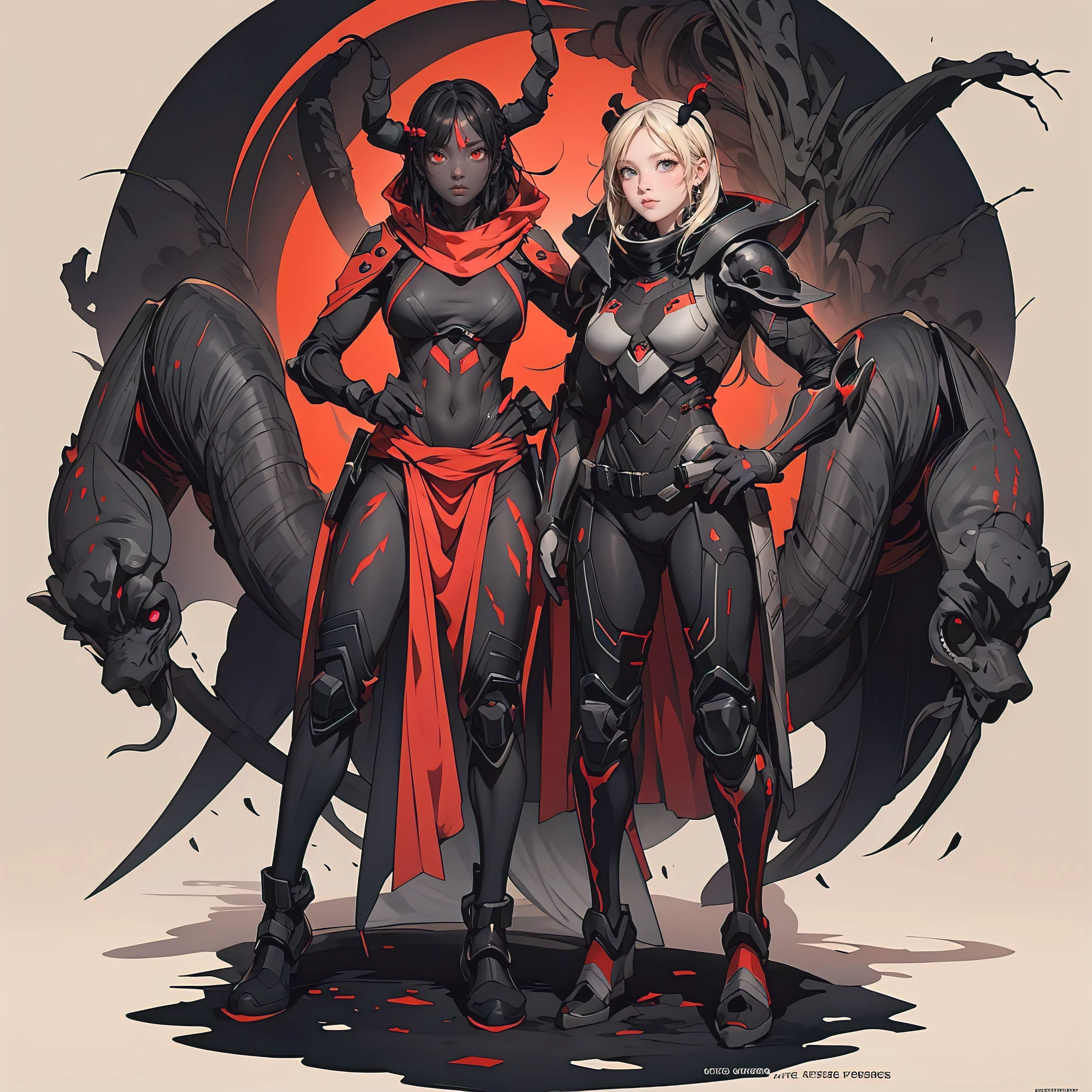 Full body wide angle shot of Athletic female pale huntress covered in black Scorpion style bio-armor, Organic exoskeletal skin, african with the face of a scorpion and multiple glowing eyes, post-apocalyptic desert setting, dark severe color palette, concept art painterly style