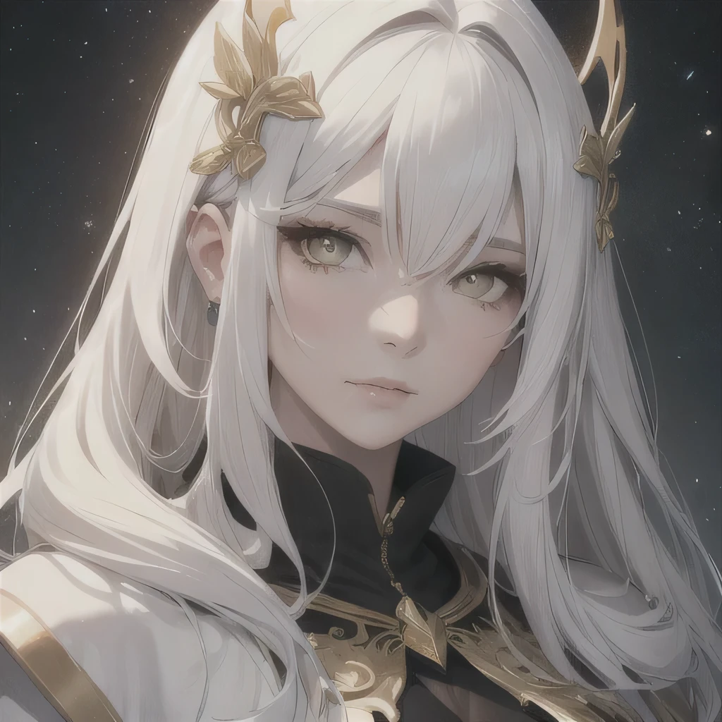 Deusa da Lua, mulher madura, Pele branca, melhor qualidade, cabelo branco, serious guy, ((Cor dos olhos dourados))