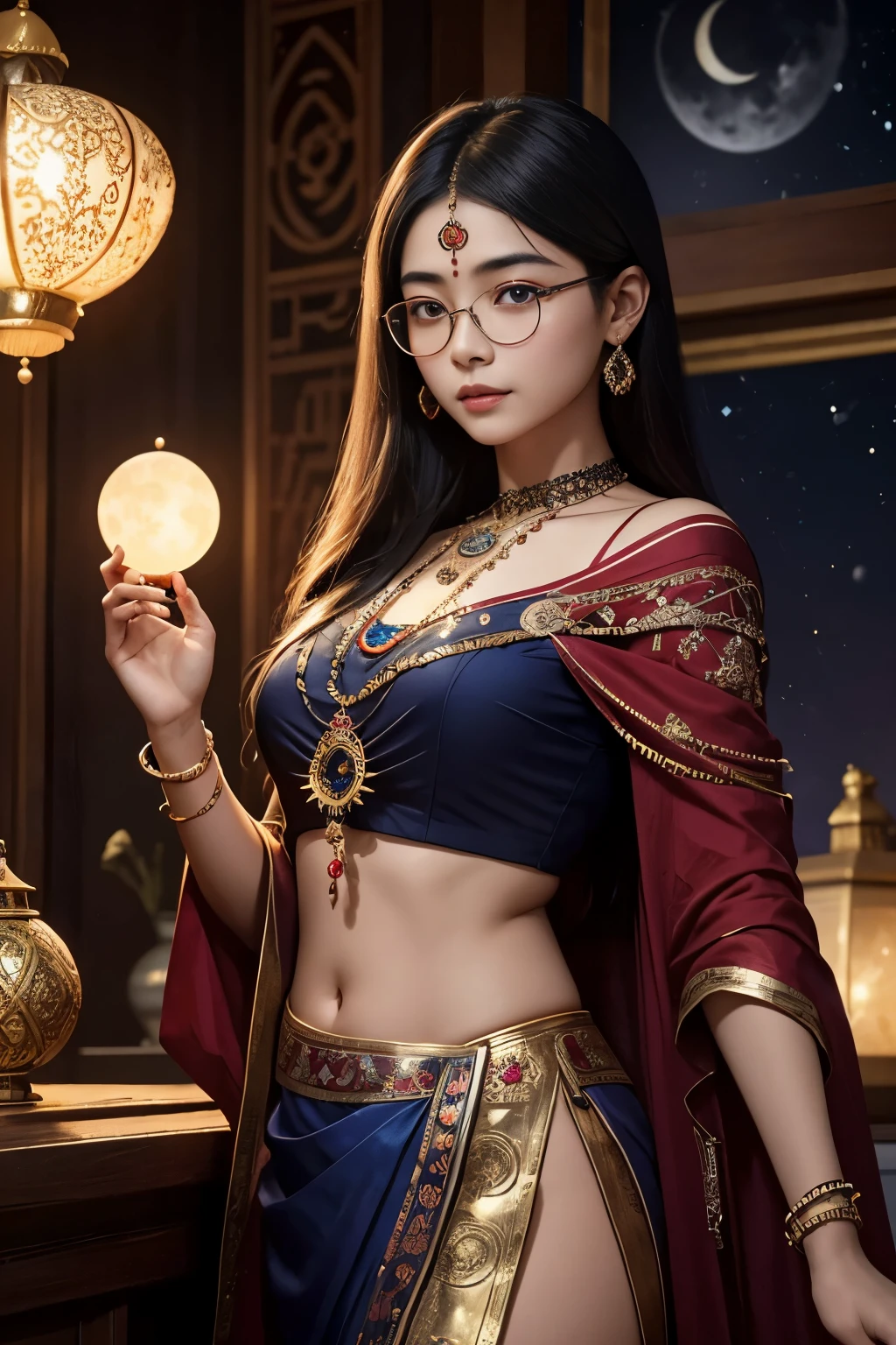 high quality, super realistic, a 17-year-old korean Maiden wearing spectacles with a celestial beauty rivaling the stars, Picture her poised at the helm of a local market, her silhouette defined against the shimmering night sky of a crimson moon, The vessel itself is a indian masterpiece, adorned with intricate carvings, polished brass embellishments, and an array of mystical symbols, The Scarlet Moonlit indian girl a resplendent ensemble blending midnight blues with silvery hues, adorned with delicate lace and glistening gemstones, wearing spectacles which compliment her face so much, A star-like pendant gracefully hangs around her neck, emphasizing her bewitching aura, by yukisakura, high detailed,