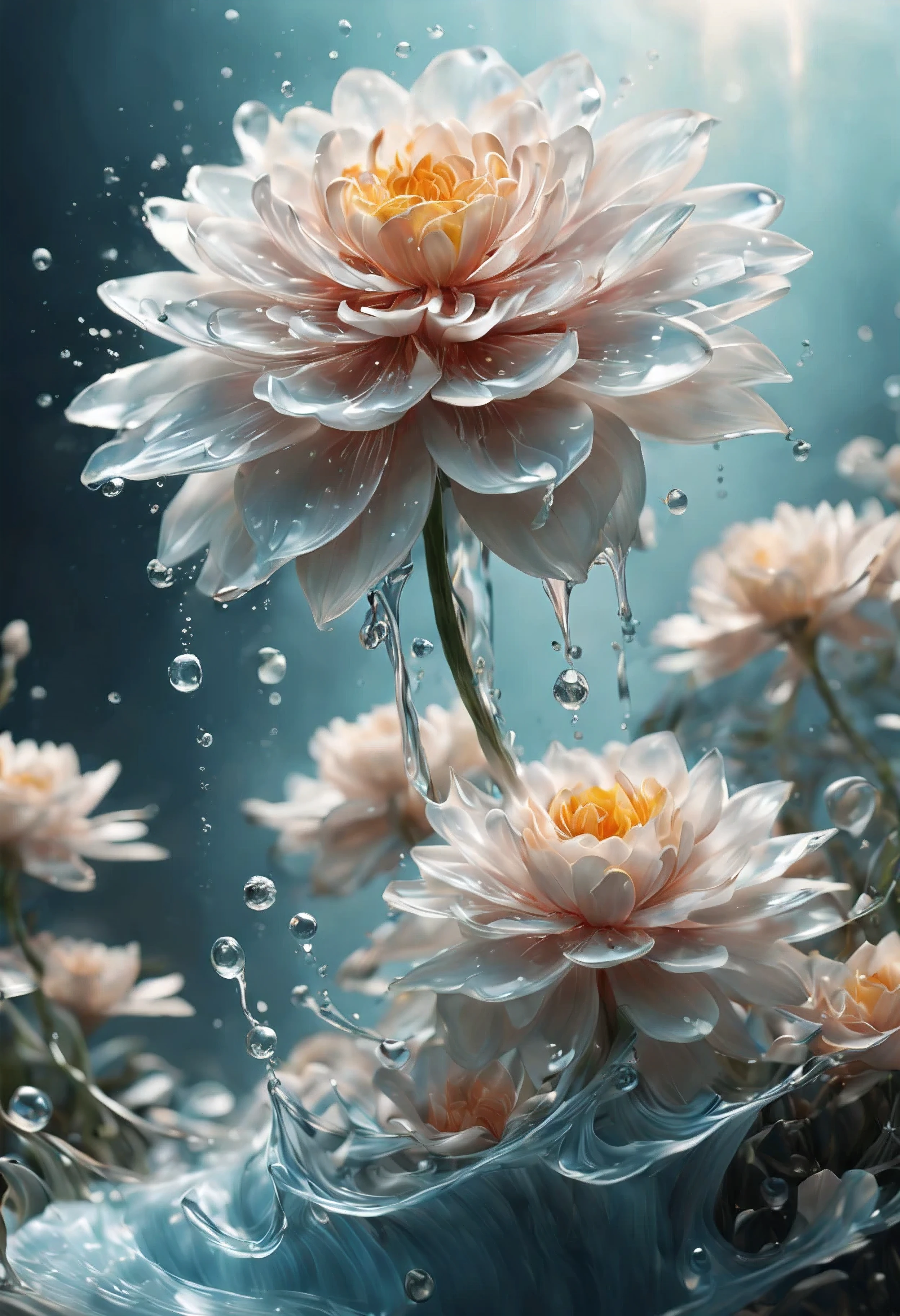 (((intricate detail:1.4))), (((extremely insane detail:1.4))),(((highest quality:1.3))), (((Soft colors 4k highly detailed digital art:1.3))). | Close up of delicate splash of water that forming into magical flower, as splash of water reflect light, each splash detailed and rendered with a masterful gouache technique,surrounded by mysterious atmosphere of light and shadow art, splash of water everywhere, great environment, subtly illuminate,fantasy art behance,surreal, its beauty and strength captured,It gives a majestic aura.