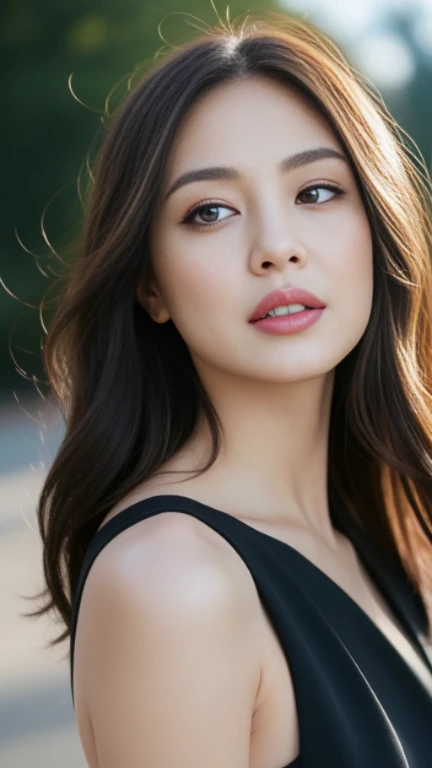 ((Angelina Sole)),((highest quality, 8K, masterpiece : 1.3)), sharp focus : 1.2, beautiful woman with perfect figure : 1.4, slim abs : 1.2, ((dark brown hair)), (Natural light, city street : 1.1), Highly detailed face and skin texture, fine eyes, double eyelid、((professional makeup:1.3))、((sexy milf:1.3))、thick lips、lip gloss、eye make up、hair blowing in the wind、Downcast eyes、black dress、Bare skin、Right shoulder、