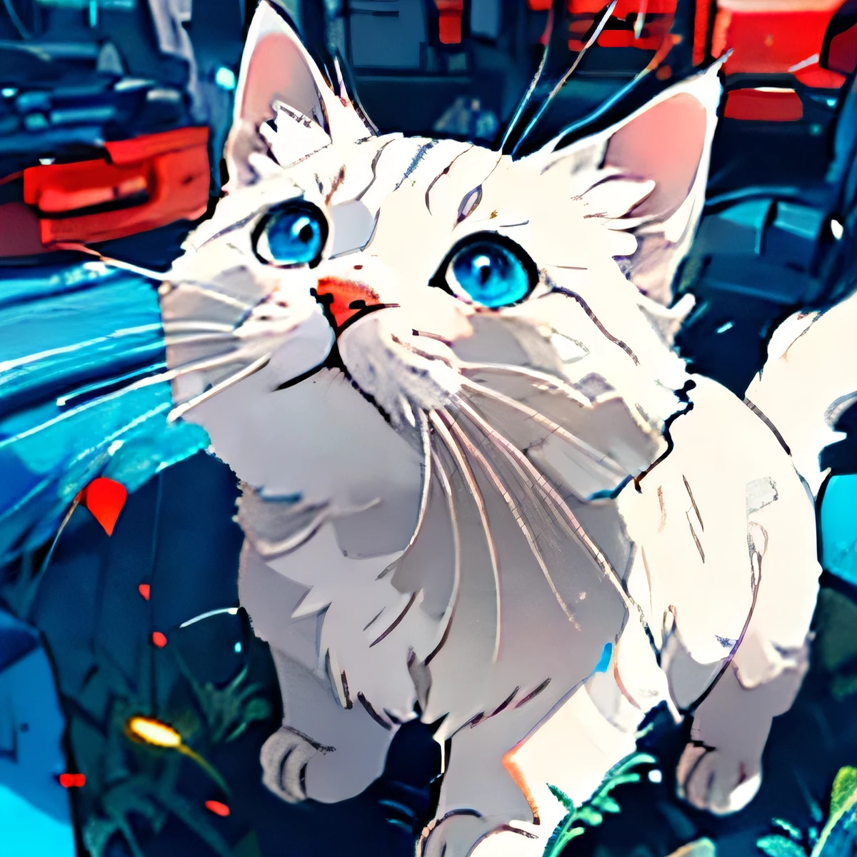 There is a white cat with blue eyes standing on a blue blanket, has two adorable blue eyes, With cute doting eyes, Cute and friendly eyes, Beautiful white glowing eyes, a cute little cat, huge cute eyes, 梦想动物cute eyes, cute eyes, She has a cute and expressive face, the cutest kitten ever, Cute and cute, One cute cat