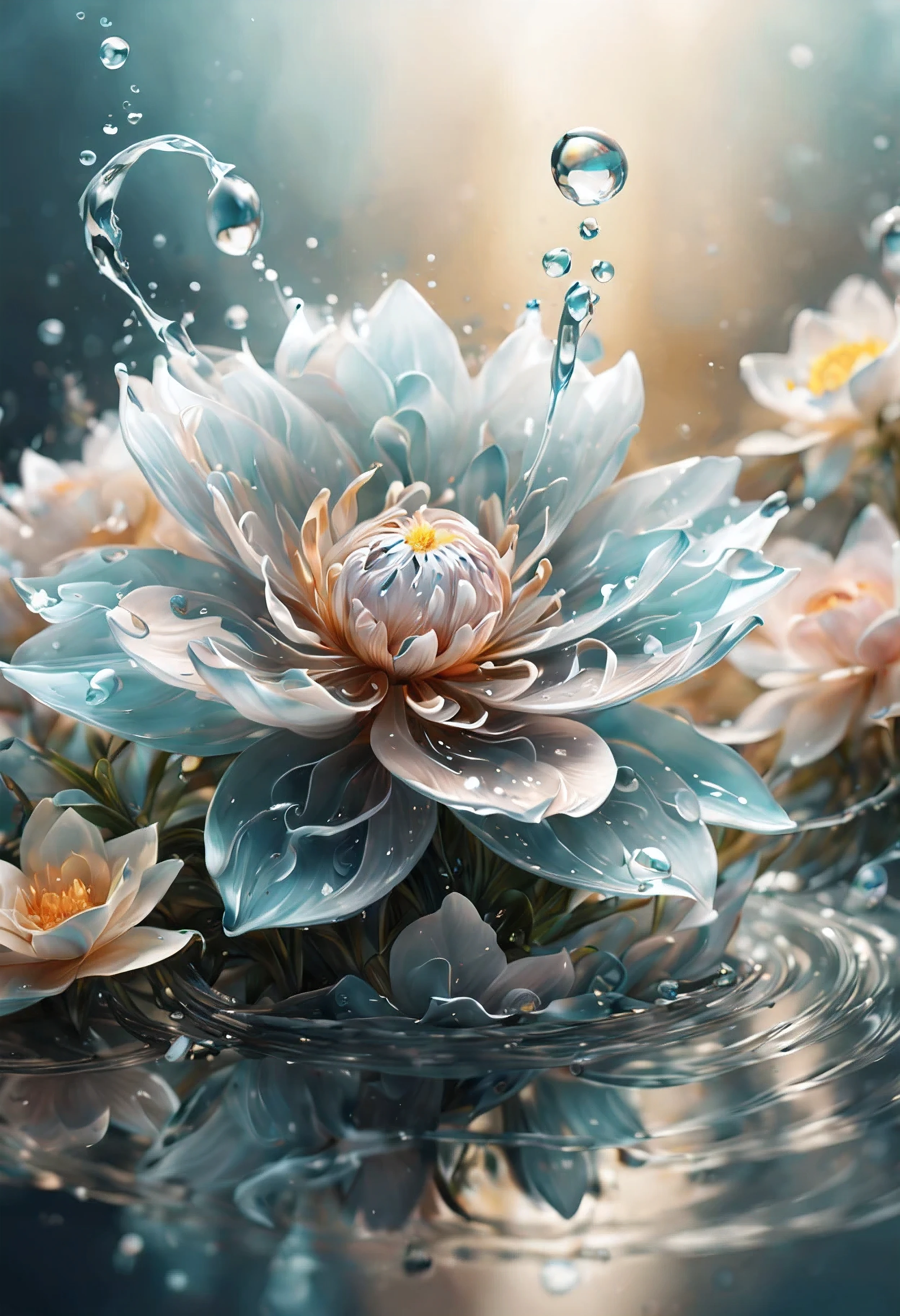 (((intricate detail:1.4))), (((extremely insane detail:1.4))),(((highest quality:1.3))), (((Soft colors 4k highly detailed digital art:1.3))). | Close up of delicate splash of water that forming into magical flower, as splash of water reflect light, each splash detailed and rendered with a masterful gouache technique,surrounded by mysterious atmosphere of light and shadow art, splash of water everywhere, great environment, subtly illuminate,fantasy art behance,surreal, its beauty and strength captured,It gives a majestic aura.