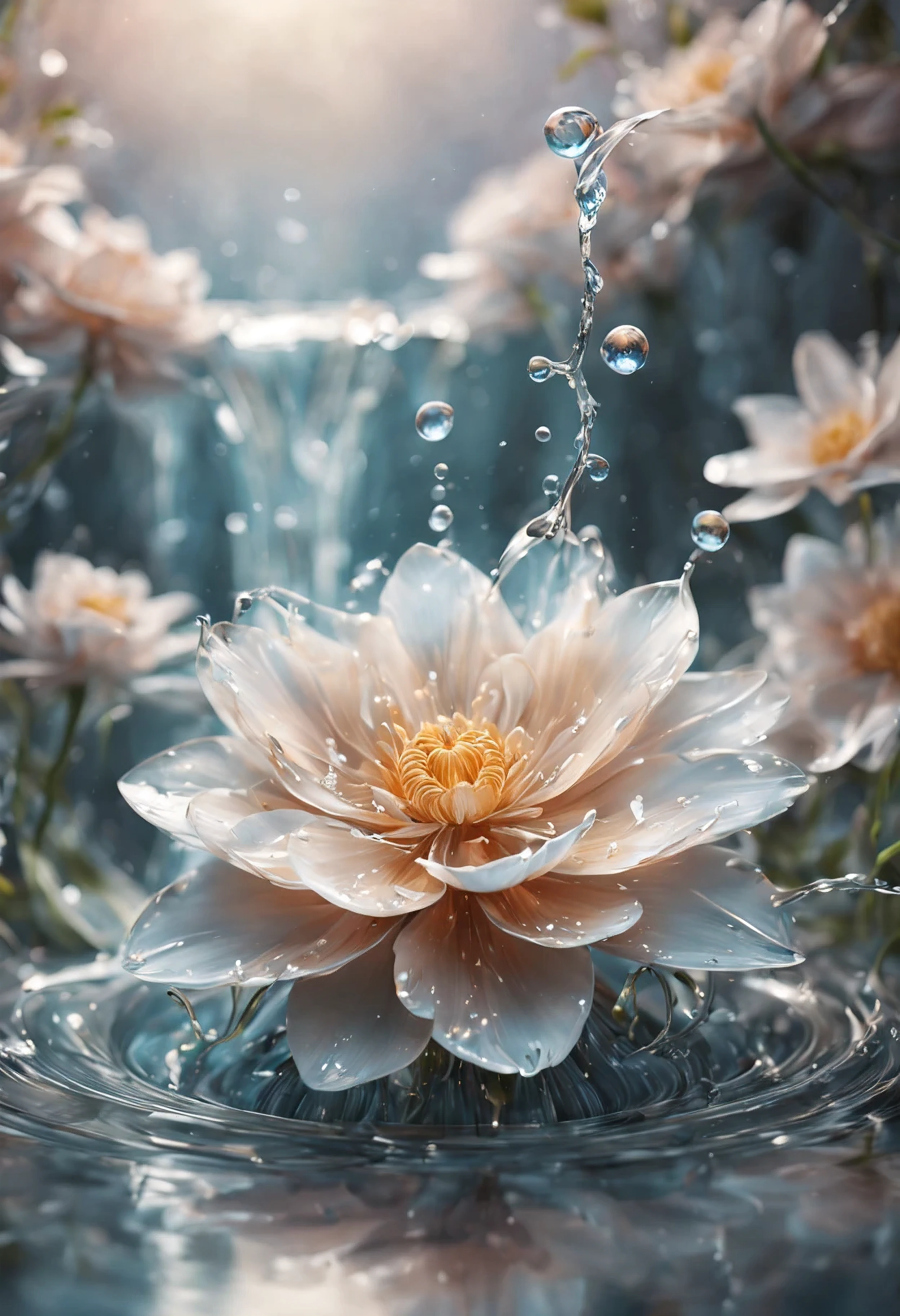 (((intricate detail:1.4))), (((extremely insane detail:1.4))),(((highest quality:1.3))), (((Soft colors 4k highly detailed digital art:1.3))). | Close up of delicate splash of water that forming into magical flower, as splash of water reflect light, each splash detailed and rendered with a masterful gouache technique,surrounded by mysterious atmosphere of light and shadow art, splash of water everywhere, great environment, subtly illuminate,fantasy art behance,surreal, its beauty and strength captured,It gives a majestic aura.